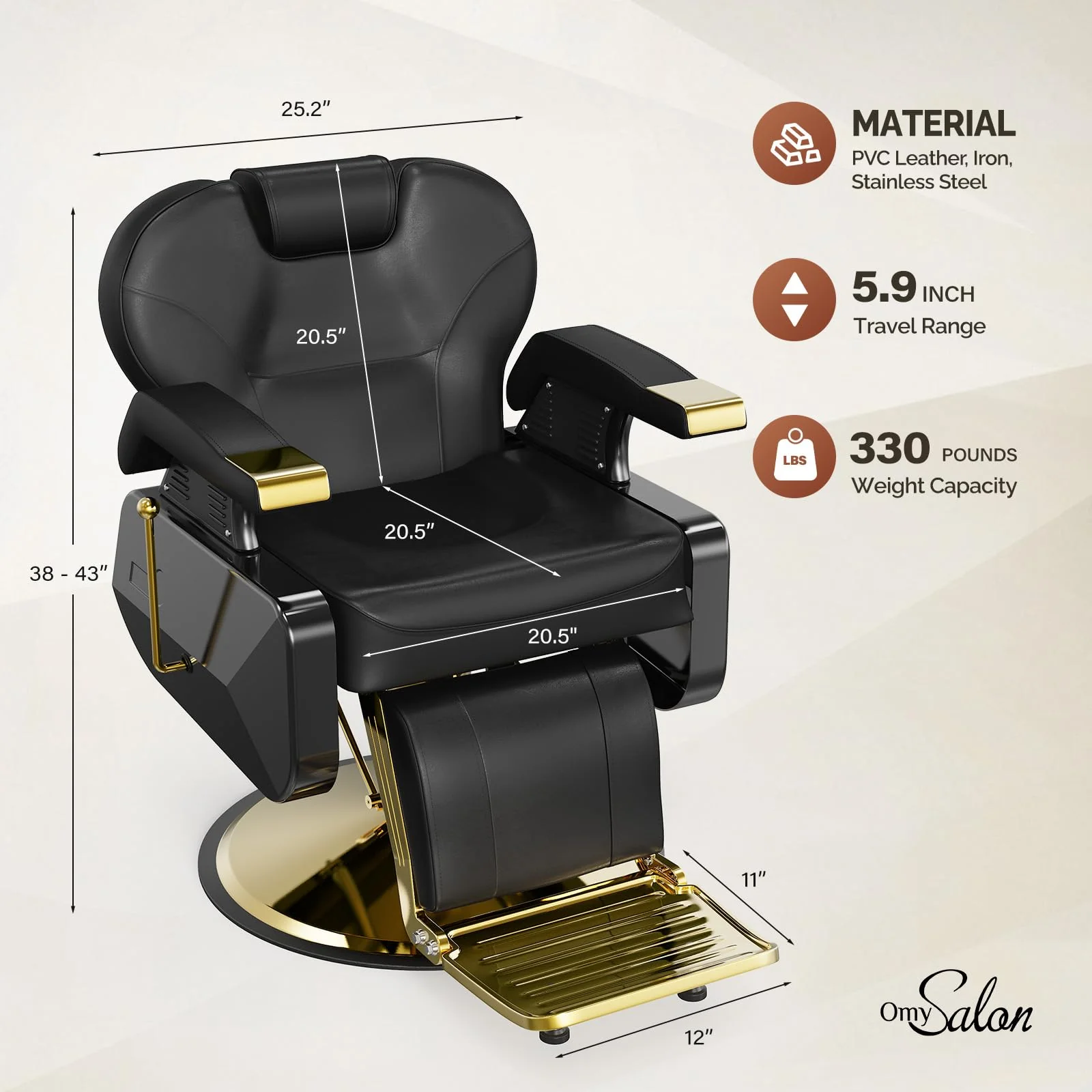 OmySalon BC1202 Classical Style Heavy Duty Hydraulic Reclining Barber Chair - Image 30