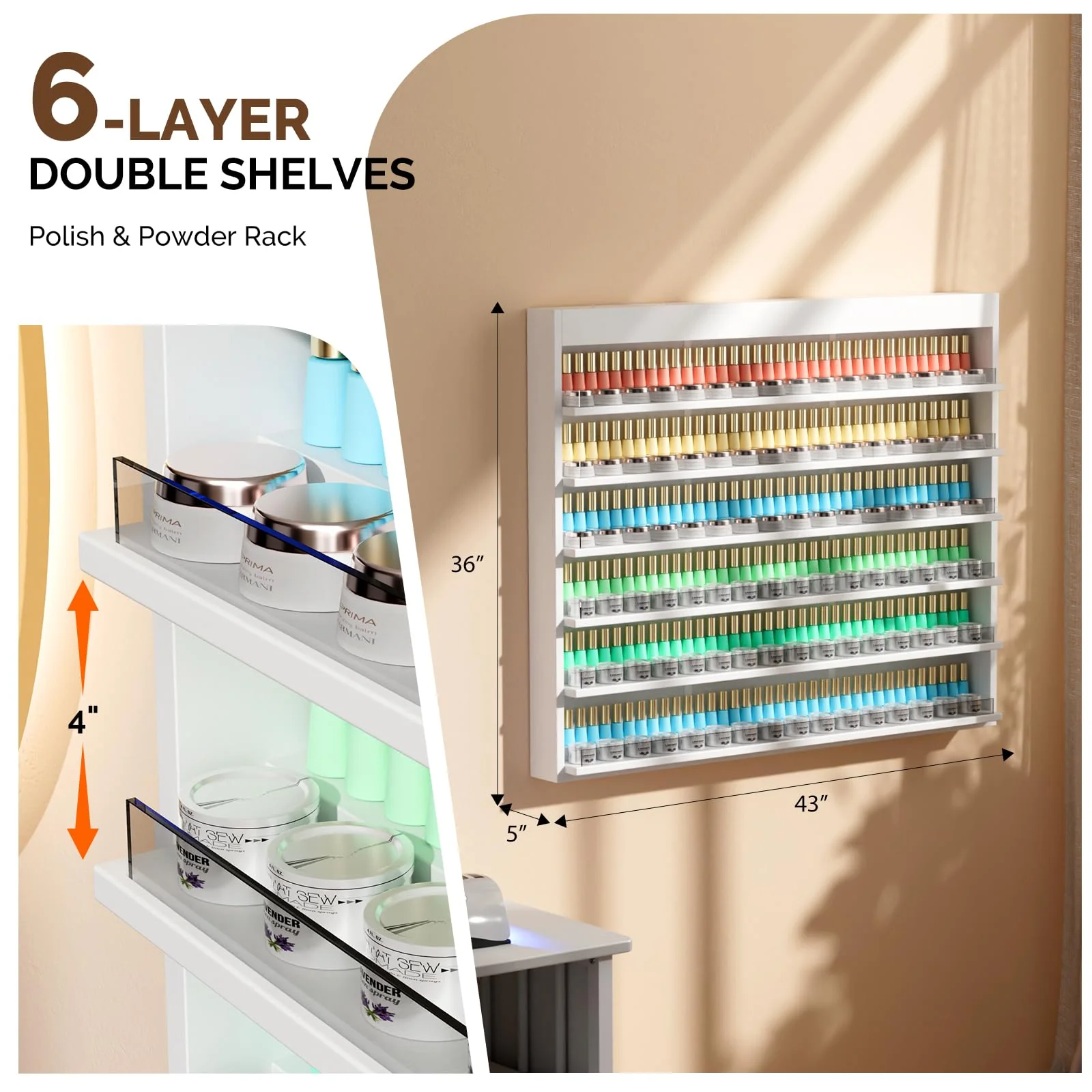OmySalon Double 6-Tier Wall Mount Nail Polish & Powder Organizer Rack with Acrylic Barriers - Image 3