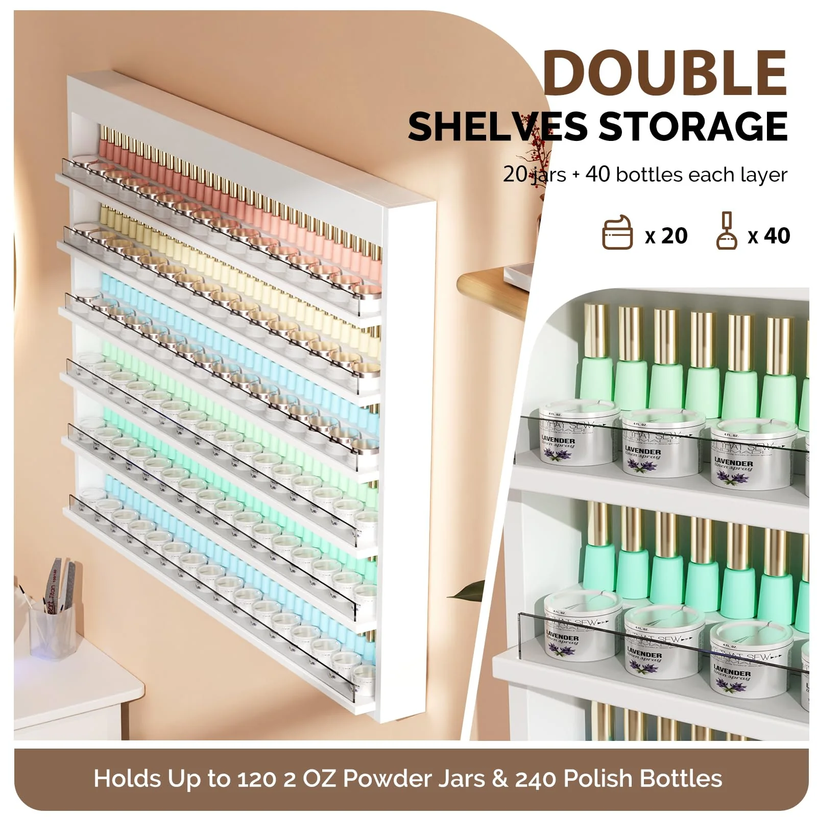 OmySalon Double 6-Tier Wall Mount Nail Polish & Powder Organizer Rack with Acrylic Barriers - Image 4