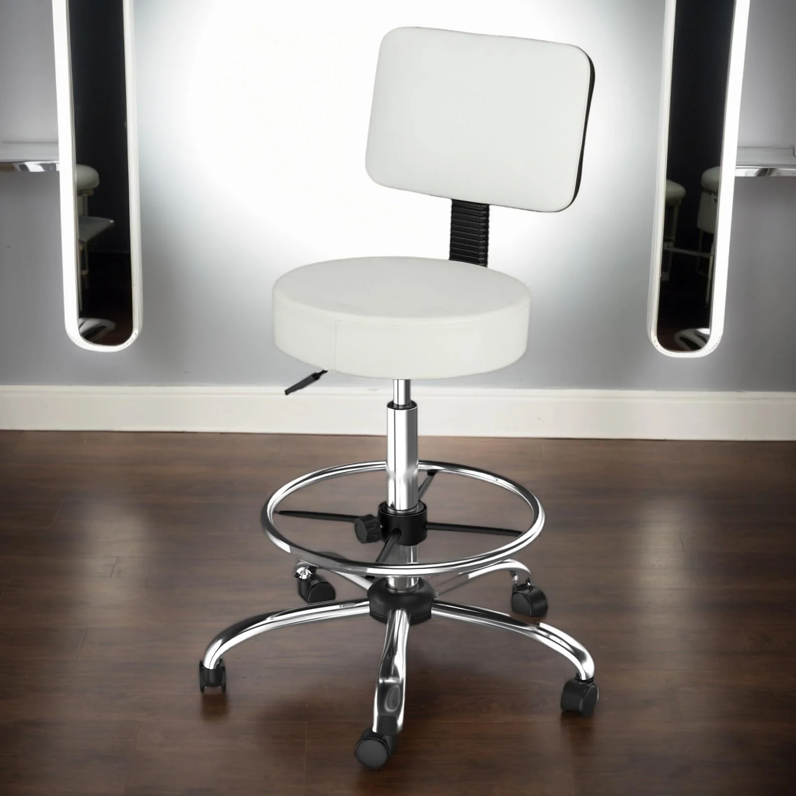 OmySalon Adjustable Thick Seat Cushion Rolling Stool with Back Support & Footrest - Image 10
