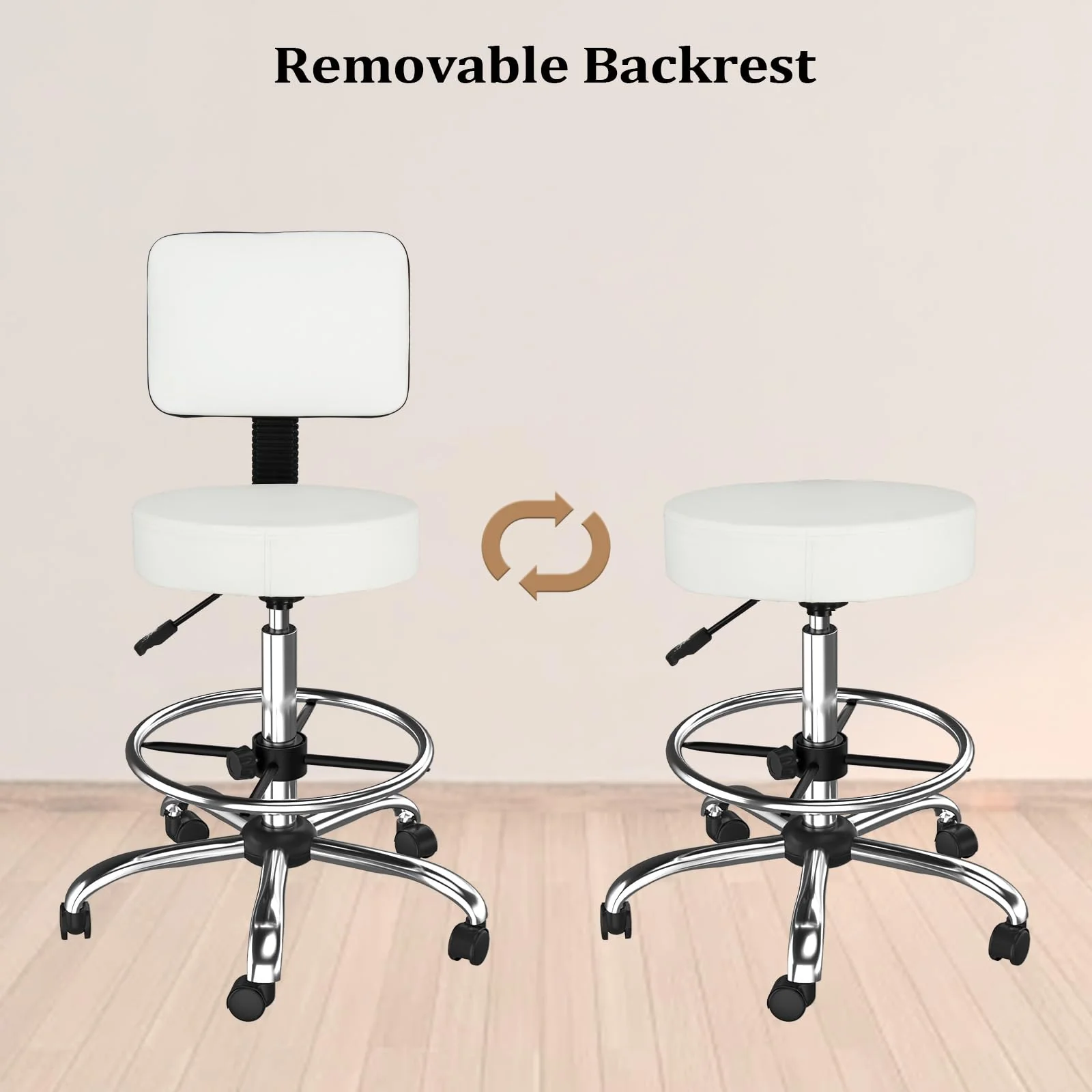 OmySalon Adjustable Thick Seat Cushion Rolling Stool with Back Support & Footrest - Image 11