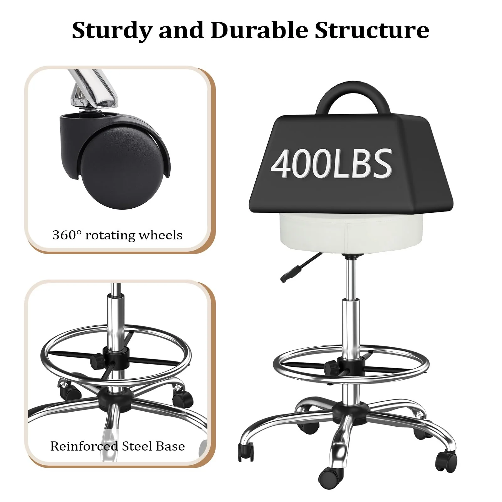 OmySalon Adjustable Thick Seat Cushion Rolling Stool with Back Support & Footrest - Image 13