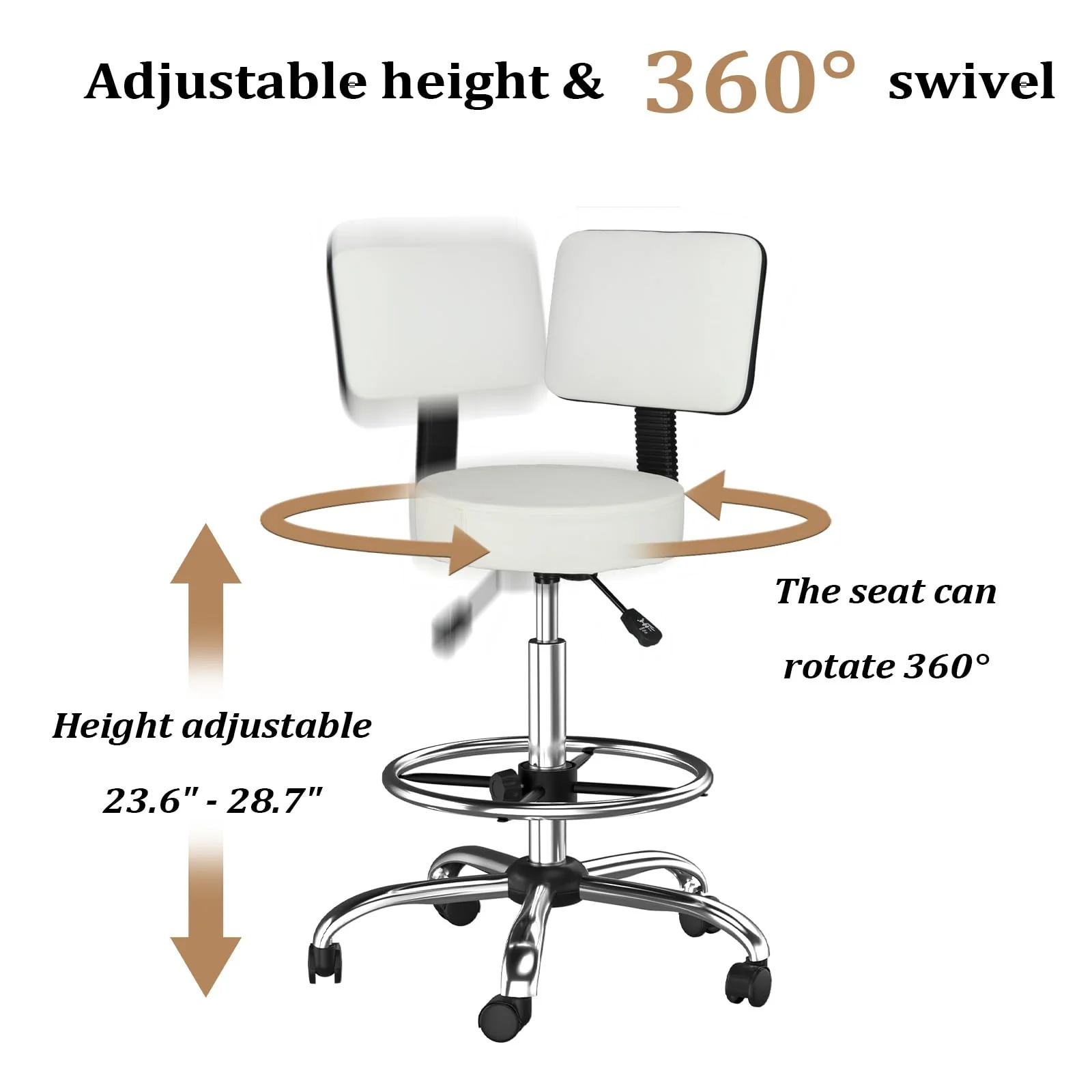 OmySalon Adjustable Thick Seat Cushion Rolling Stool with Back Support & Footrest - Image 14