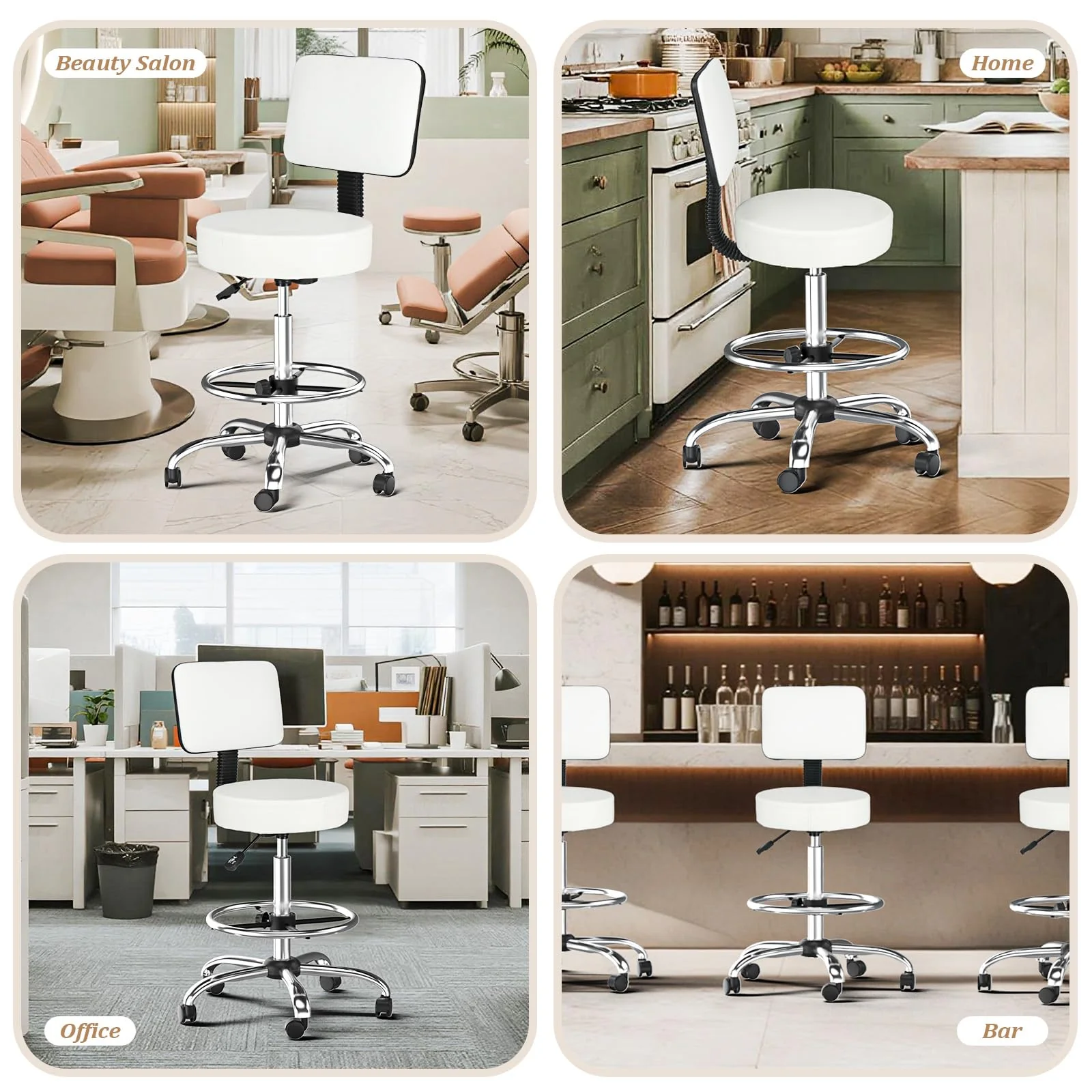 OmySalon Adjustable Thick Seat Cushion Rolling Stool with Back Support & Footrest - Image 15