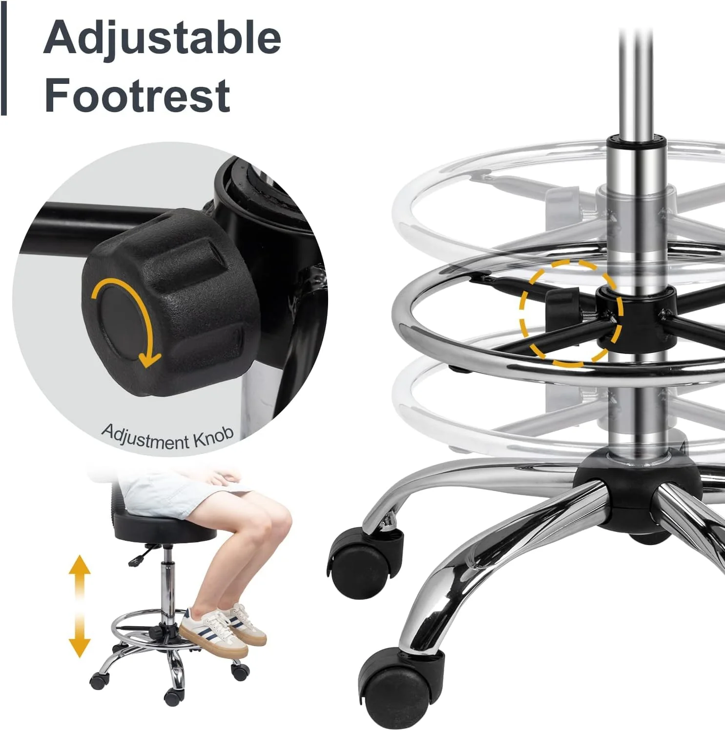 OmySalon Adjustable Thick Seat Cushion Rolling Stool with Back Support & Footrest - Image 16