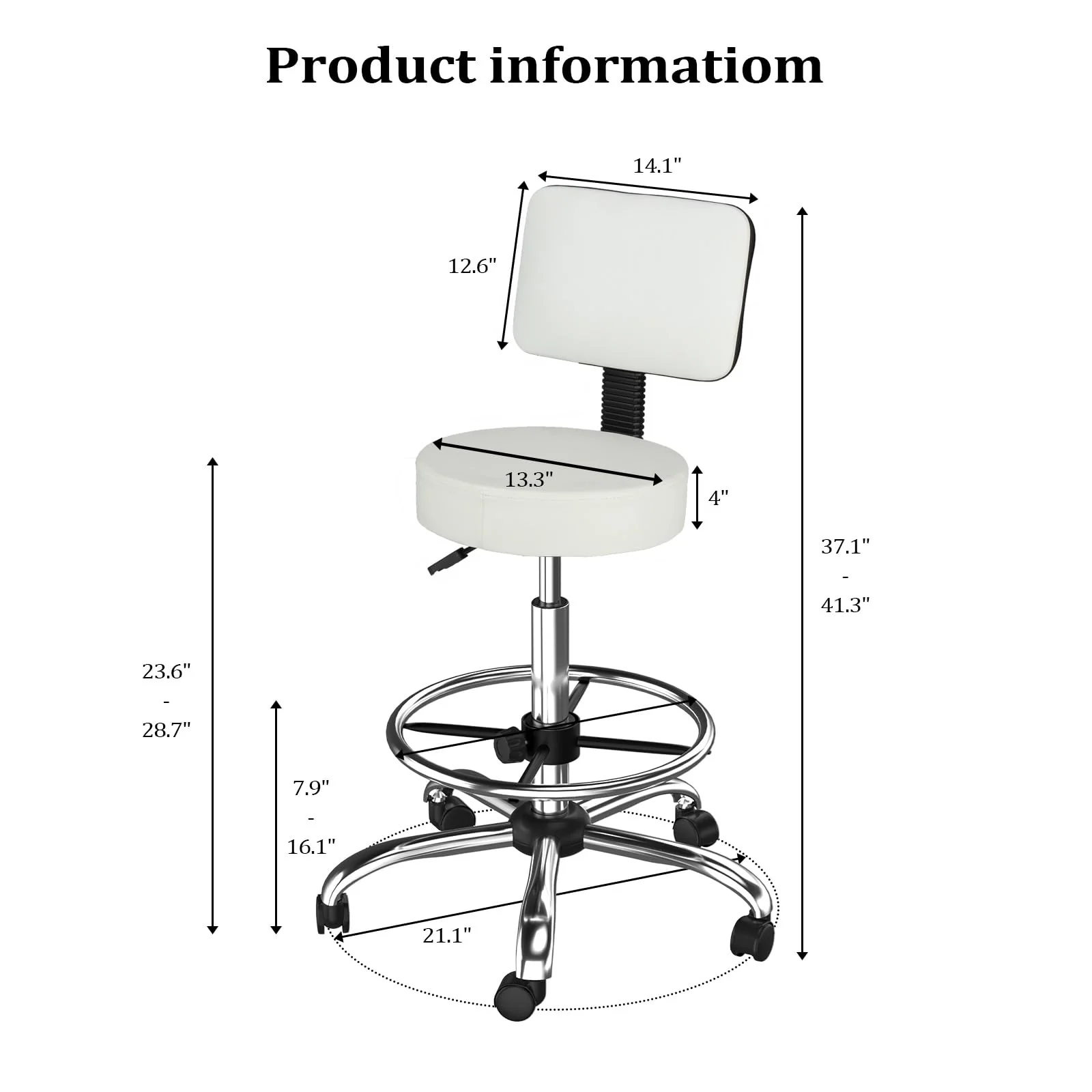 OmySalon Adjustable Thick Seat Cushion Rolling Stool with Back Support & Footrest - Image 17