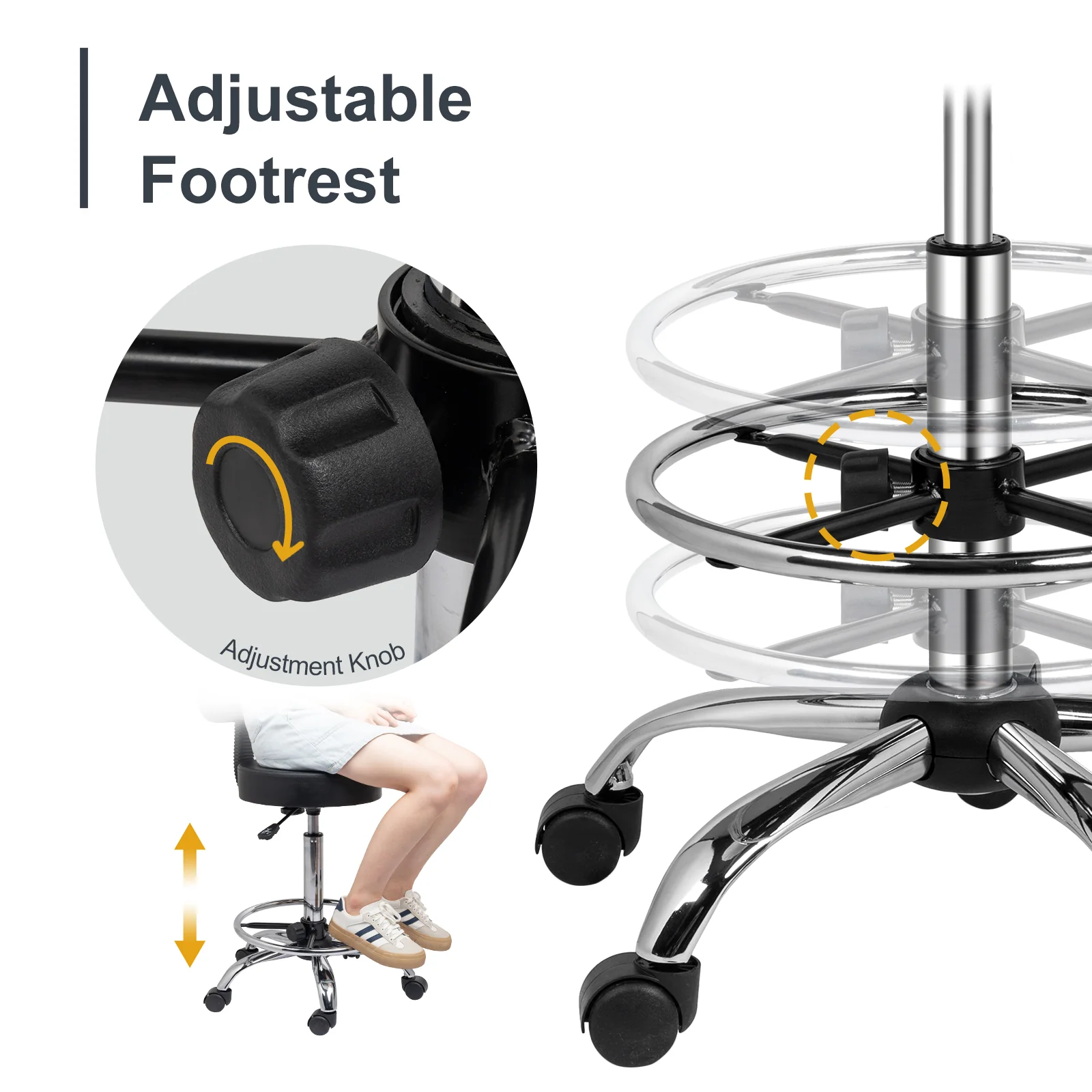 OmySalon Adjustable Thick Seat Cushion Rolling Stool with Back Support & Footrest - Image 4