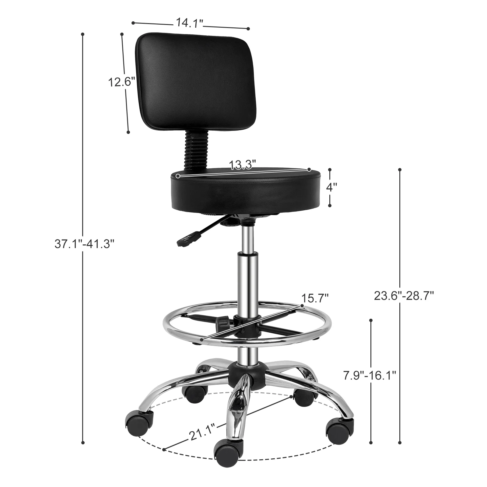 OmySalon Adjustable Thick Seat Cushion Rolling Stool with Back Support & Footrest - Image 7