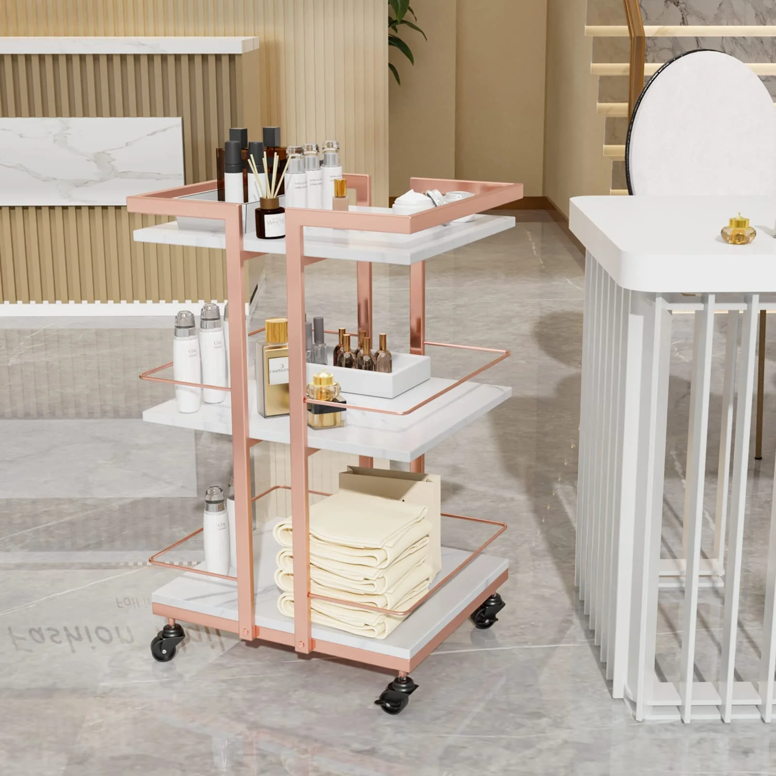 OmySalon ST1501 Rolling Esthetician Trolley Cart w/Wheels & 3 Wood Shelves - Image 11