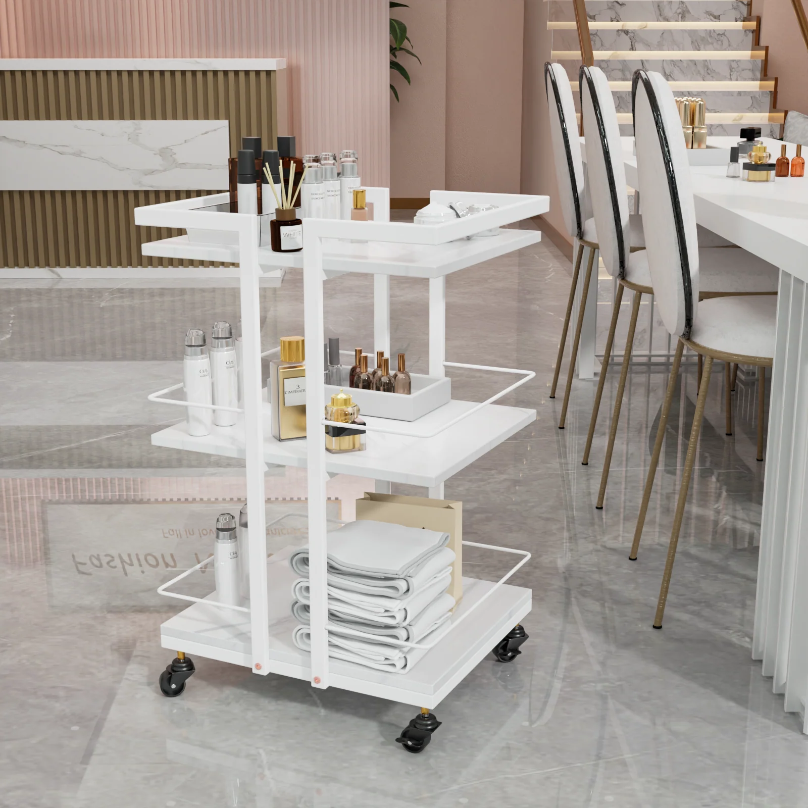 OmySalon ST1501 Rolling Esthetician Trolley Cart w/Wheels & 3 Wood Shelves - Image 21