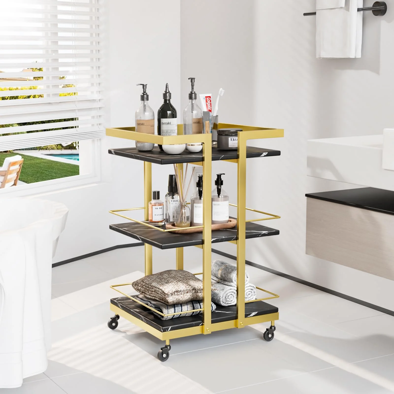 OmySalon ST1501 Rolling Esthetician Trolley Cart w/Wheels & 3 Wood Shelves - Image 30