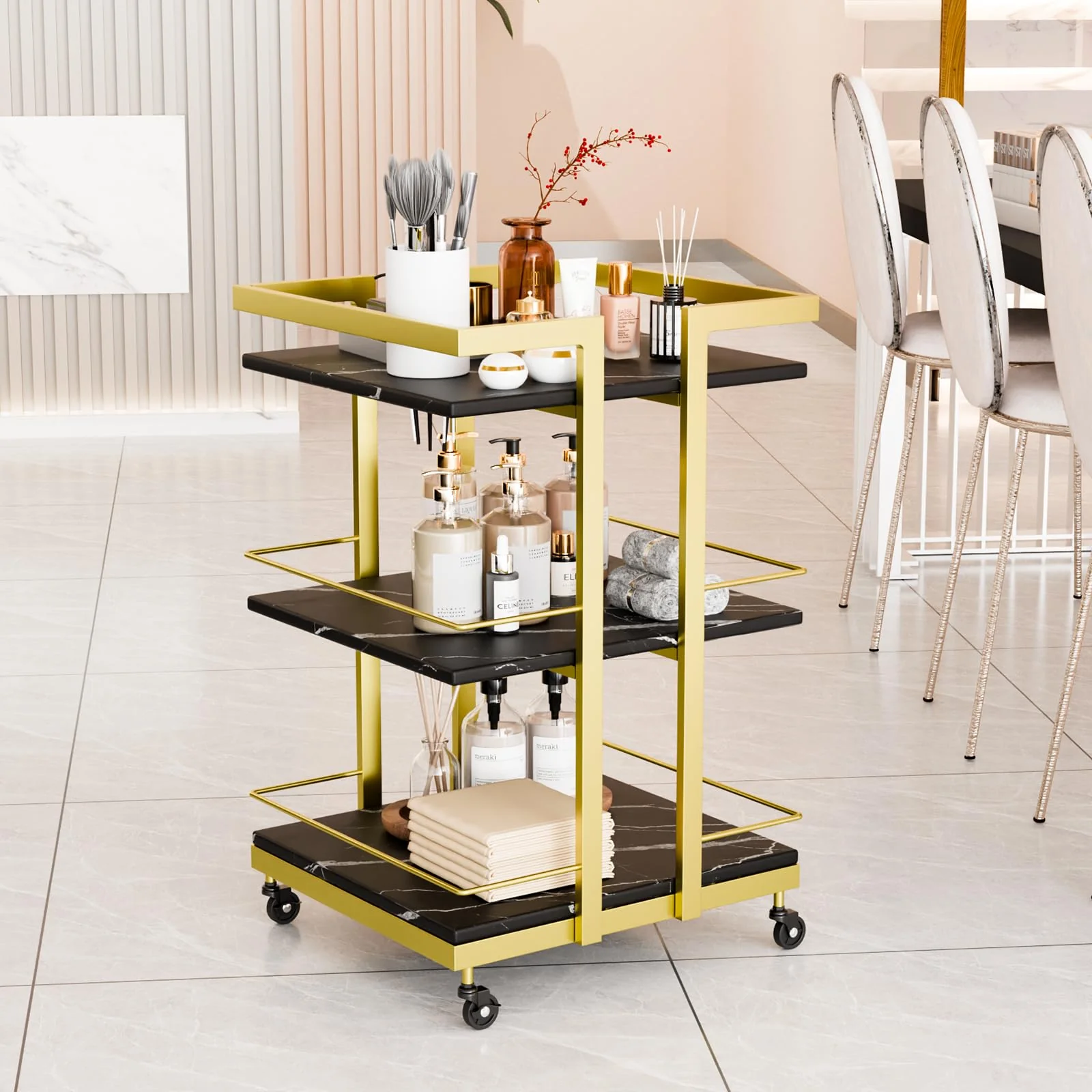 OmySalon ST1501 Rolling Esthetician Trolley Cart w/Wheels & 3 Wood Shelves - Image 37