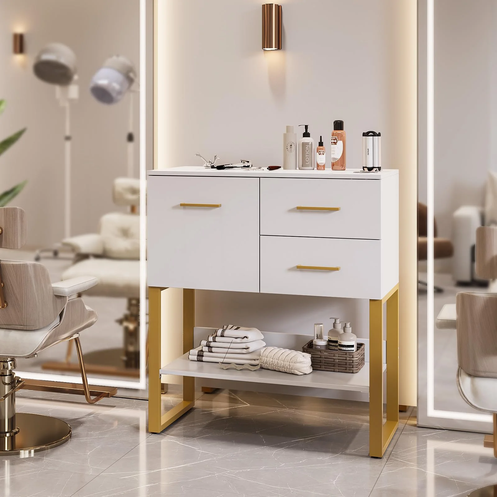 OmySalon HSCOC Salon Styling Storage Station w/2 Drawers 1 Cabinet 1 Open Shelf 3 Hair Dryer Holders - Image 2