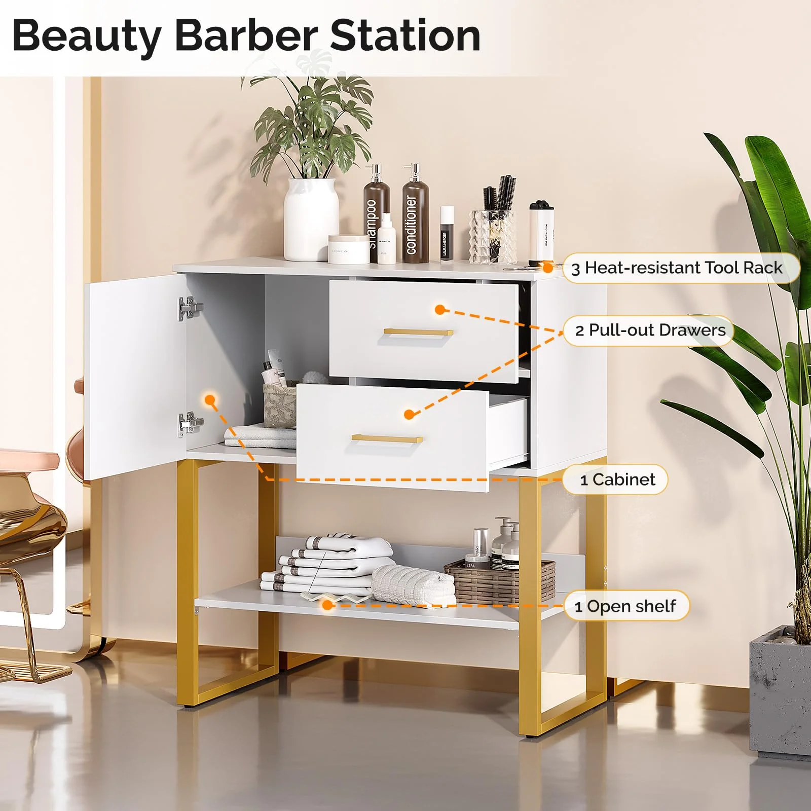 OmySalon HSCOC Salon Styling Storage Station w/2 Drawers 1 Cabinet 1 Open Shelf 3 Hair Dryer Holders - Image 3