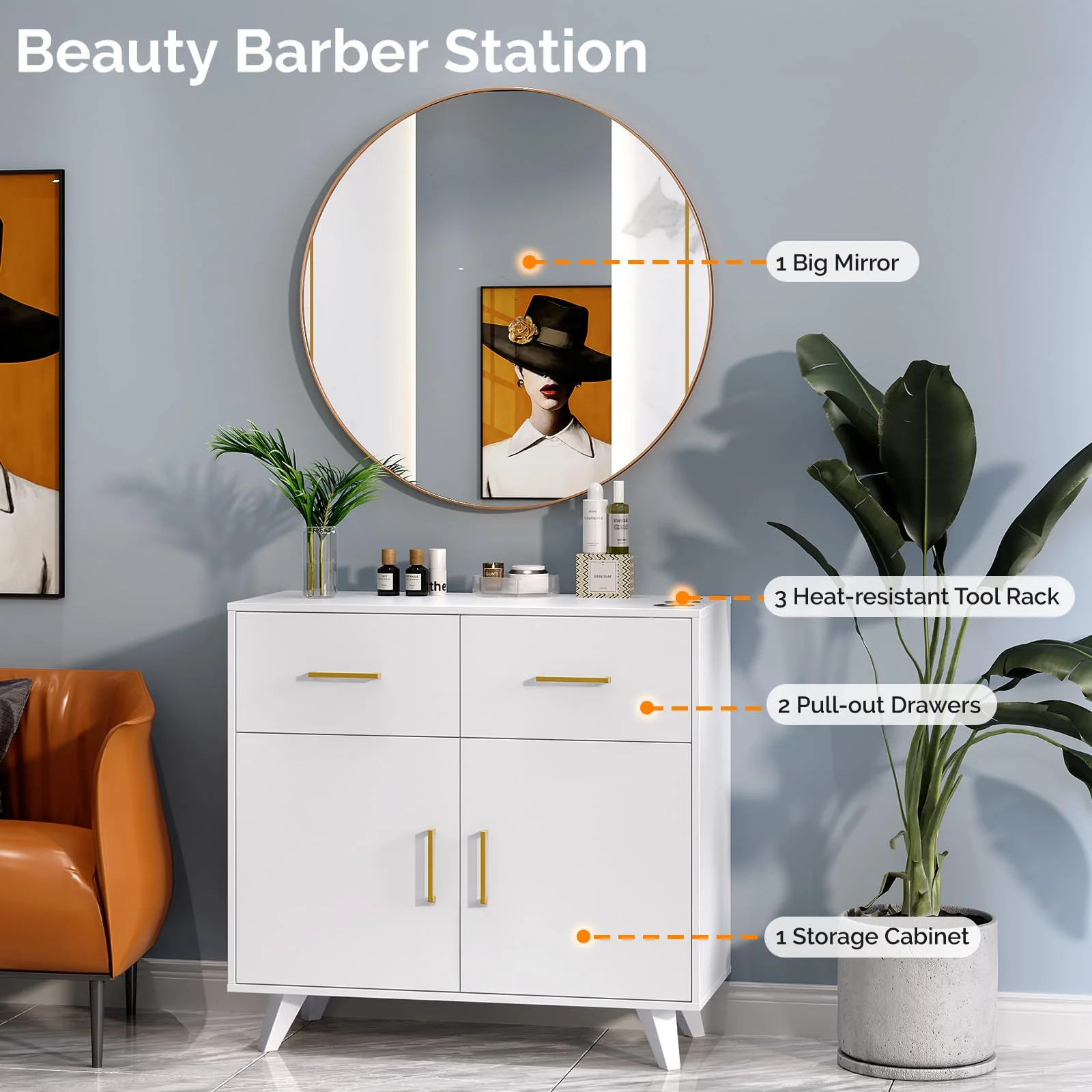 OmySalon HSCRM Salon Styling Storage Station w/Round Mirror & 2 Drawers 1 Cabinet 3 Hair Dryer Holders - Image 10