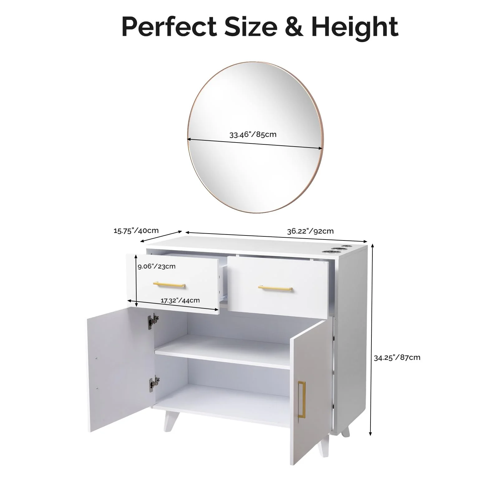 OmySalon HSCRM Salon Styling Storage Station w/Round Mirror & 2 Drawers 1 Cabinet 3 Hair Dryer Holders - Image 14