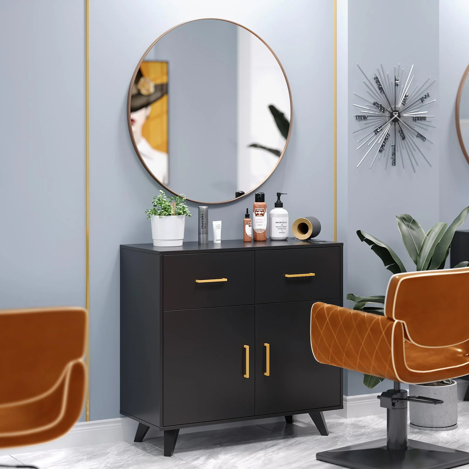 OmySalon HSCRM Salon Styling Storage Station w/Round Mirror & 2 Drawers 1 Cabinet 3 Hair Dryer Holders - Image 2