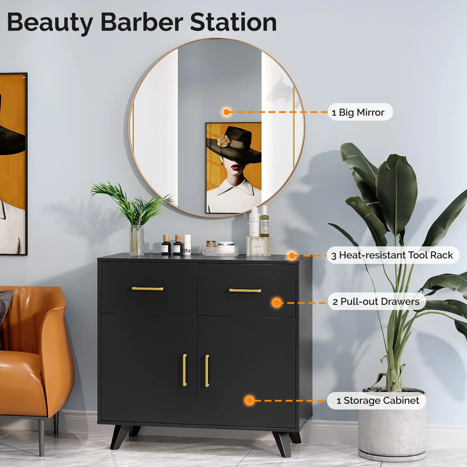 OmySalon HSCRM Salon Styling Storage Station w/Round Mirror & 2 Drawers 1 Cabinet 3 Hair Dryer Holders - Image 3