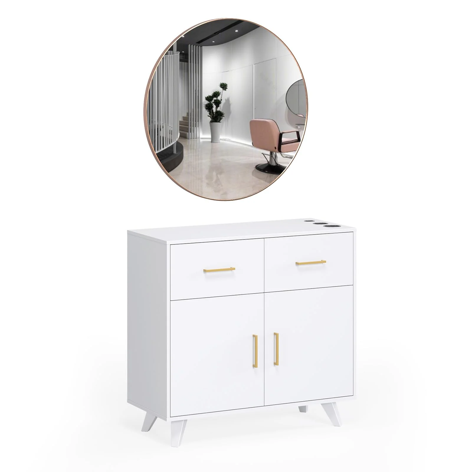 OmySalon HSCRM Salon Styling Storage Station w/Round Mirror & 2 Drawers 1 Cabinet 3 Hair Dryer Holders - Image 8