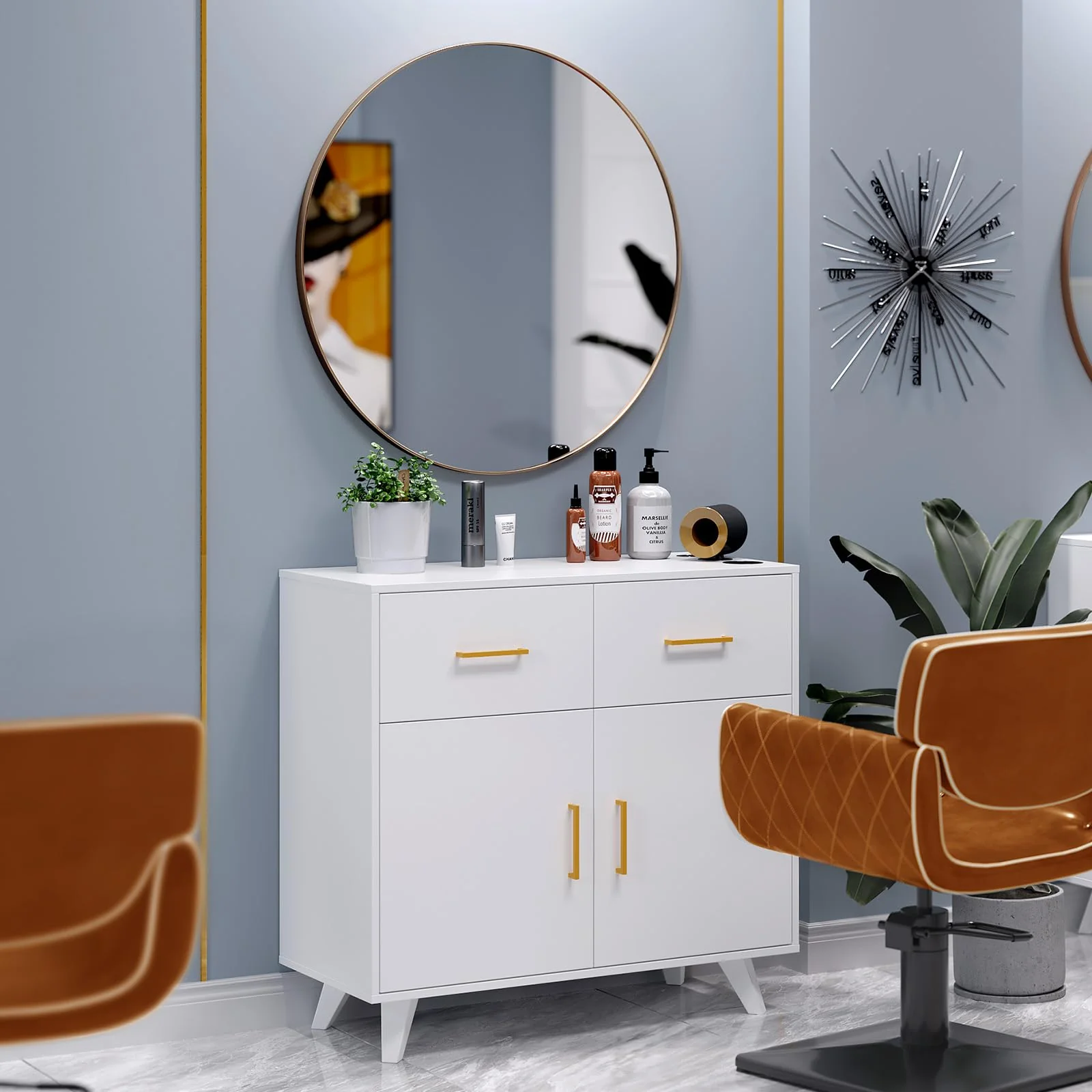 OmySalon HSCRM Salon Styling Storage Station w/Round Mirror & 2 Drawers 1 Cabinet 3 Hair Dryer Holders - Image 9