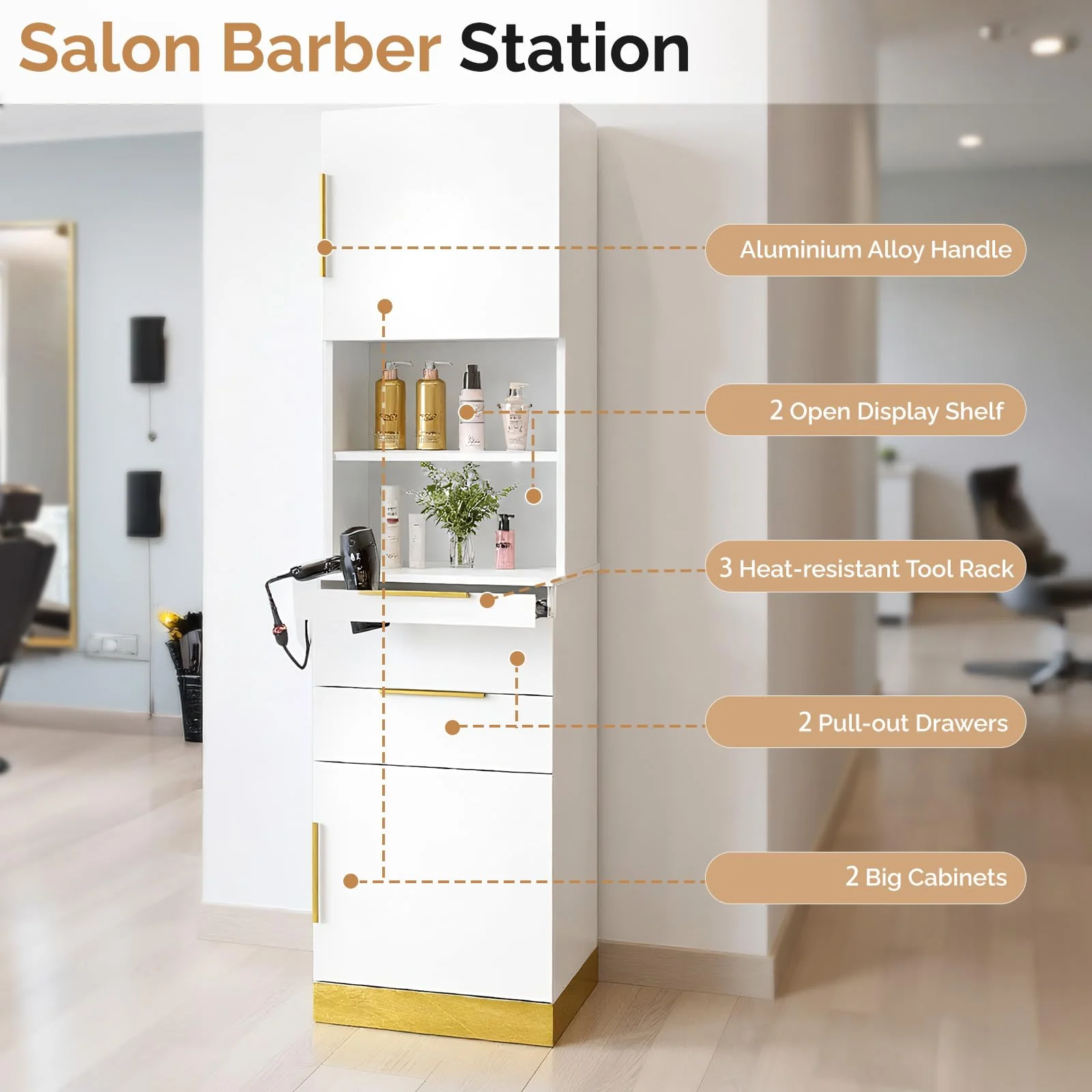 OmySalon HSCS Barber Storage Station Cabinet with 2 Drawers 2 Cabinets 2 Open Shelves 3 Hair Dryer Holders - Image 11