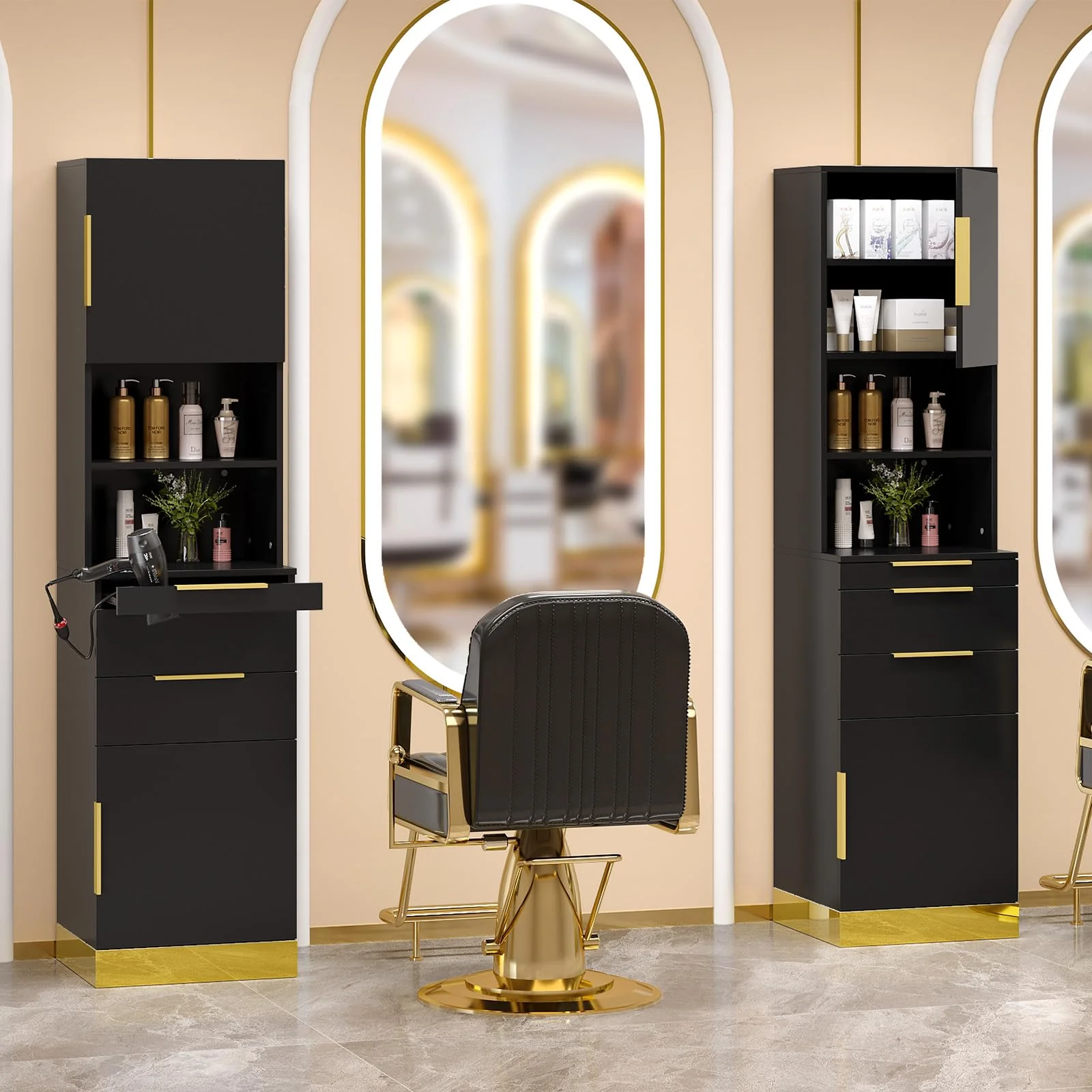 OmySalon HSCS Barber Storage Station Cabinet with 2 Drawers 2 Cabinets 2 Open Shelves 3 Hair Dryer Holders - Image 3