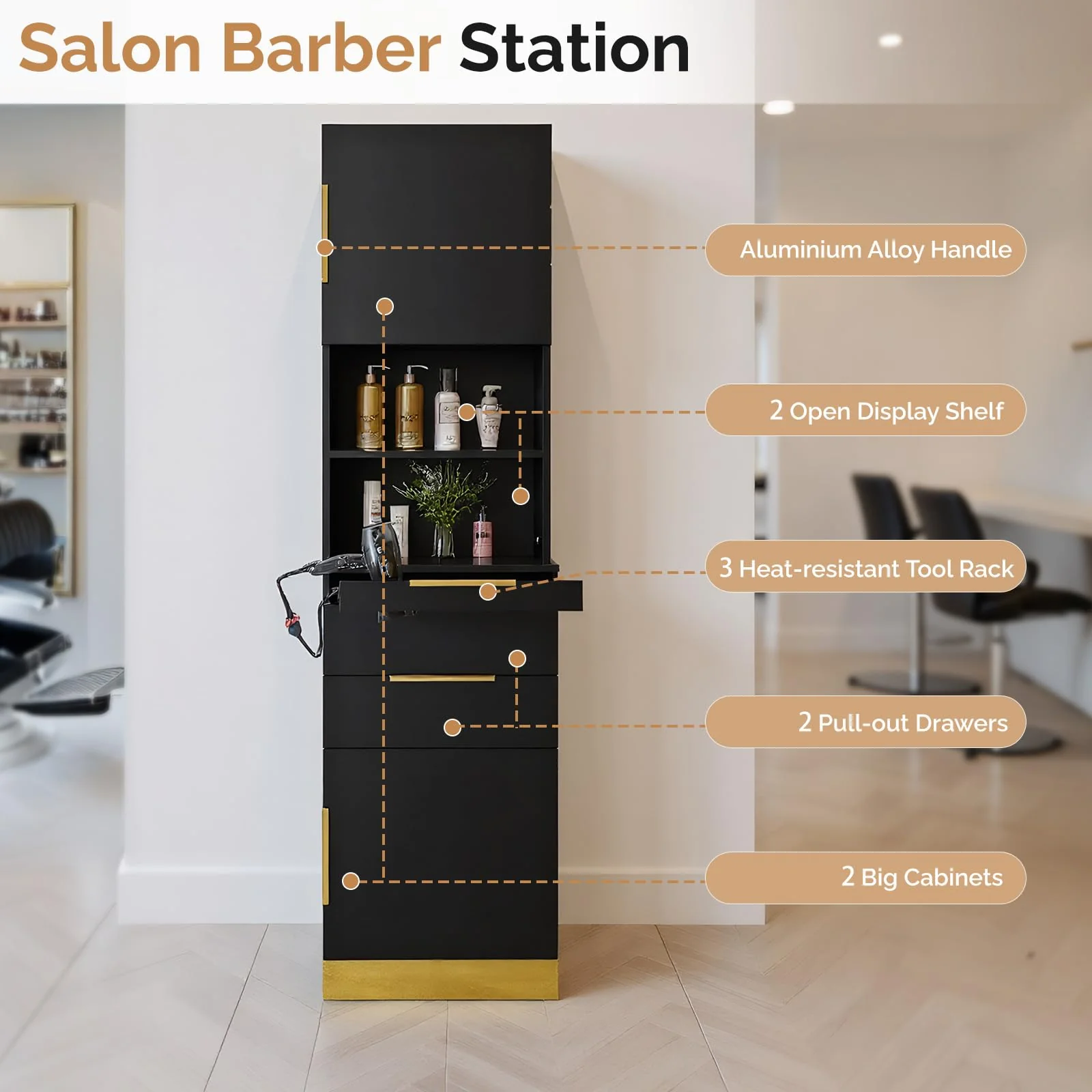 OmySalon HSCS Barber Storage Station Cabinet with 2 Drawers 2 Cabinets 2 Open Shelves 3 Hair Dryer Holders - Image 5