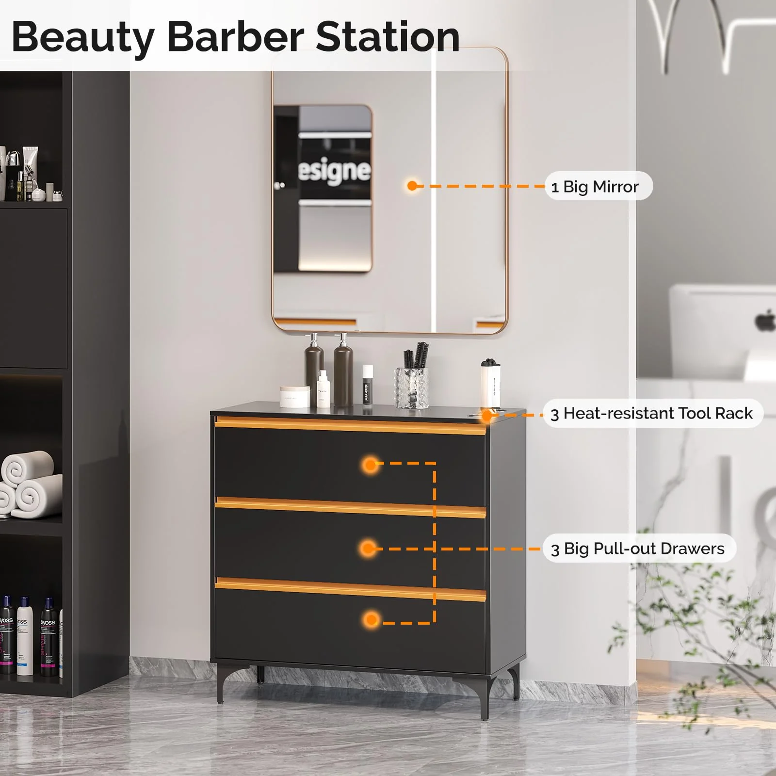 OmySalon HSCSM Salon Styling Storage Station w/Square Mirror & 3 Drawers 3 Hair Dryer Holders - Image 2