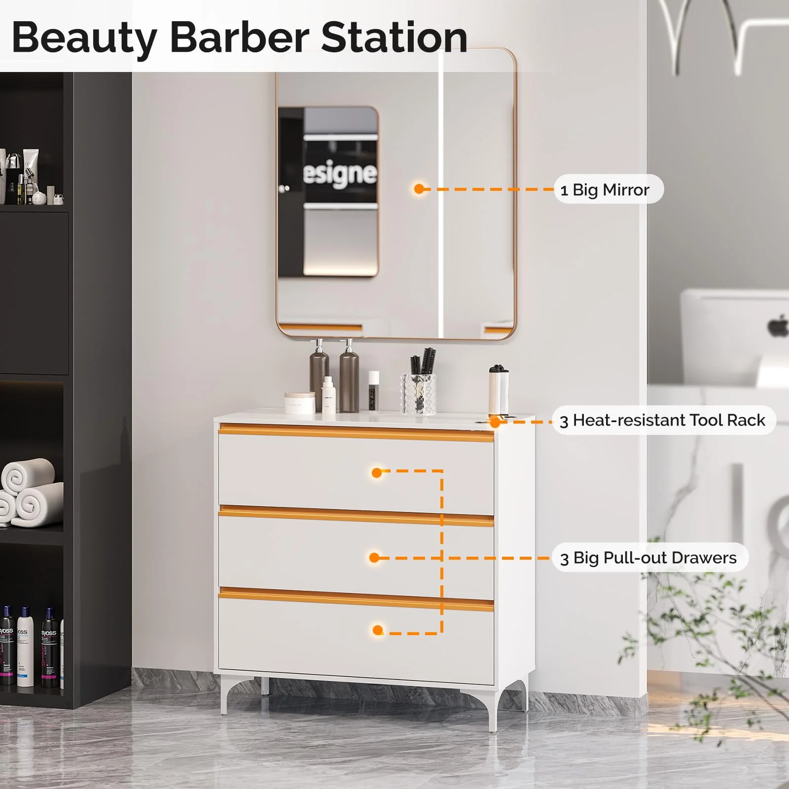 OmySalon HSCSM Salon Styling Storage Station w/Square Mirror & 3 Drawers 3 Hair Dryer Holders - Image 8
