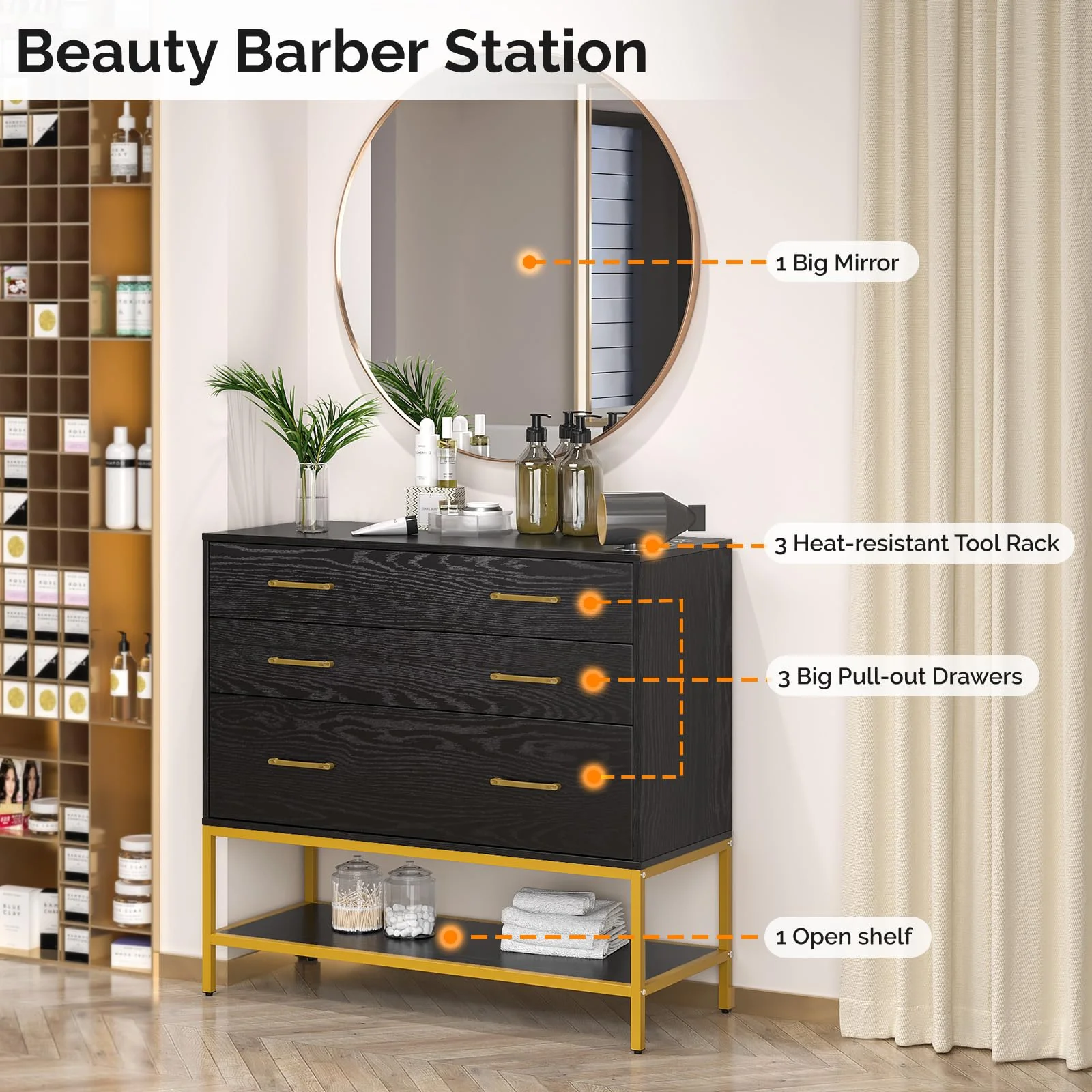 OmySalon HSCTD Salon Styling Storage Station w/Mirror & 3 Drawers 1 Open Shelf 3 Hair Dryer Holders - Image 2