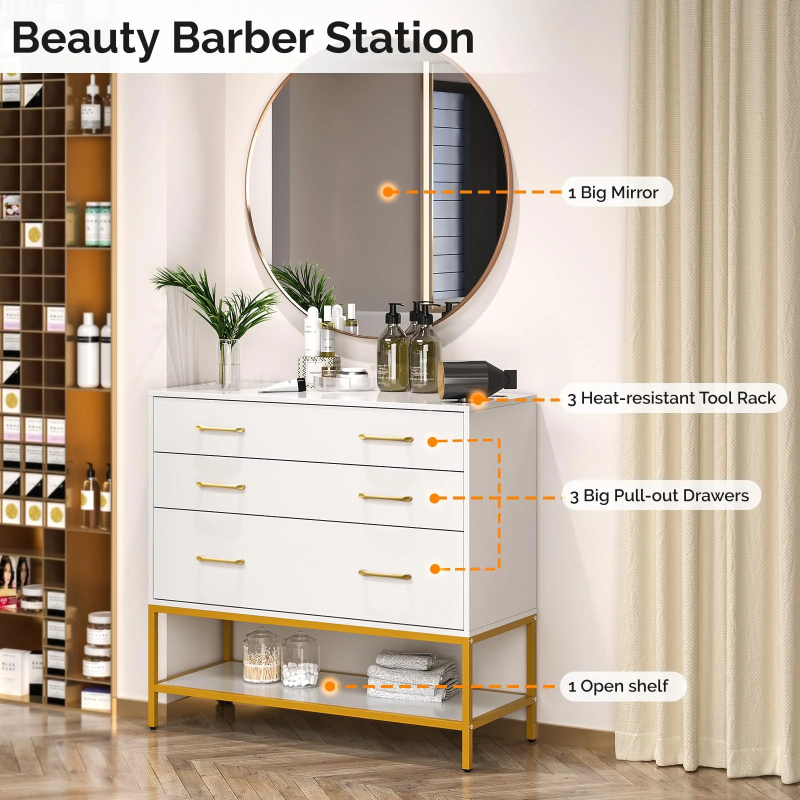 OmySalon HSCTD Salon Styling Storage Station w/Mirror & 3 Drawers 1 Open Shelf 3 Hair Dryer Holders - Image 9