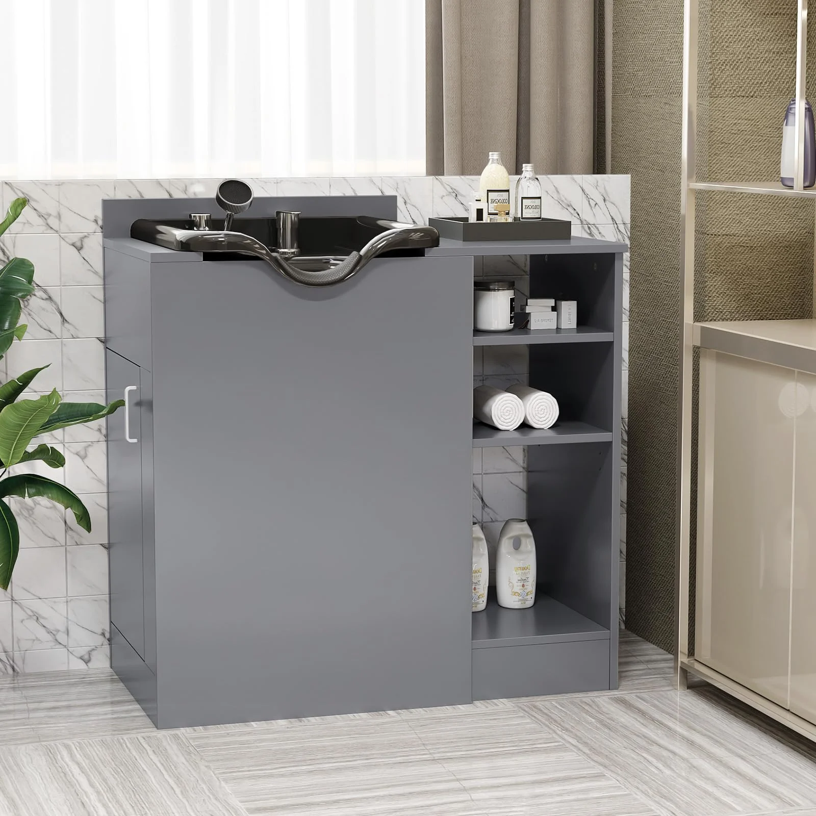 Omysalon HWCOC Salon Wet Cabinet Station with Shampoo Bowl & Adjustable Shelves & Sprayer Faucet - Image 10