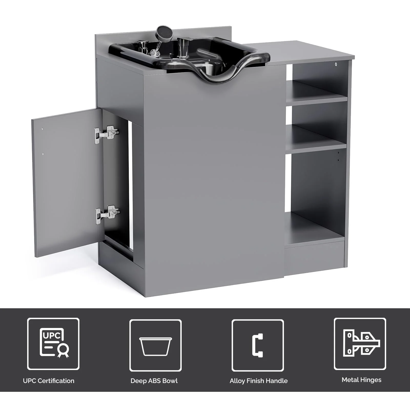 Omysalon HWCOC Salon Wet Cabinet Station with Shampoo Bowl & Adjustable Shelves & Sprayer Faucet - Image 12