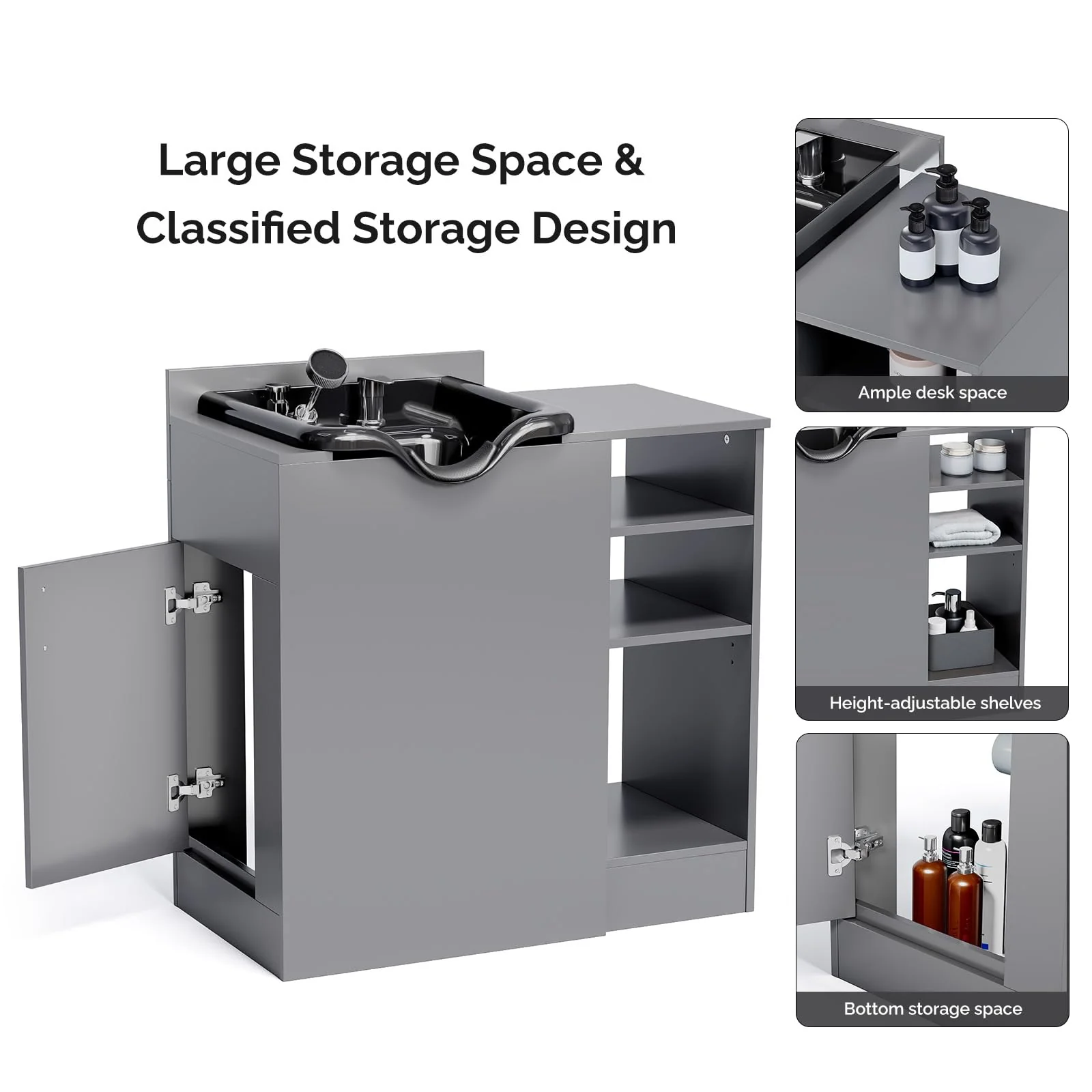 Omysalon HWCOC Salon Wet Cabinet Station with Shampoo Bowl & Adjustable Shelves & Sprayer Faucet - Image 13