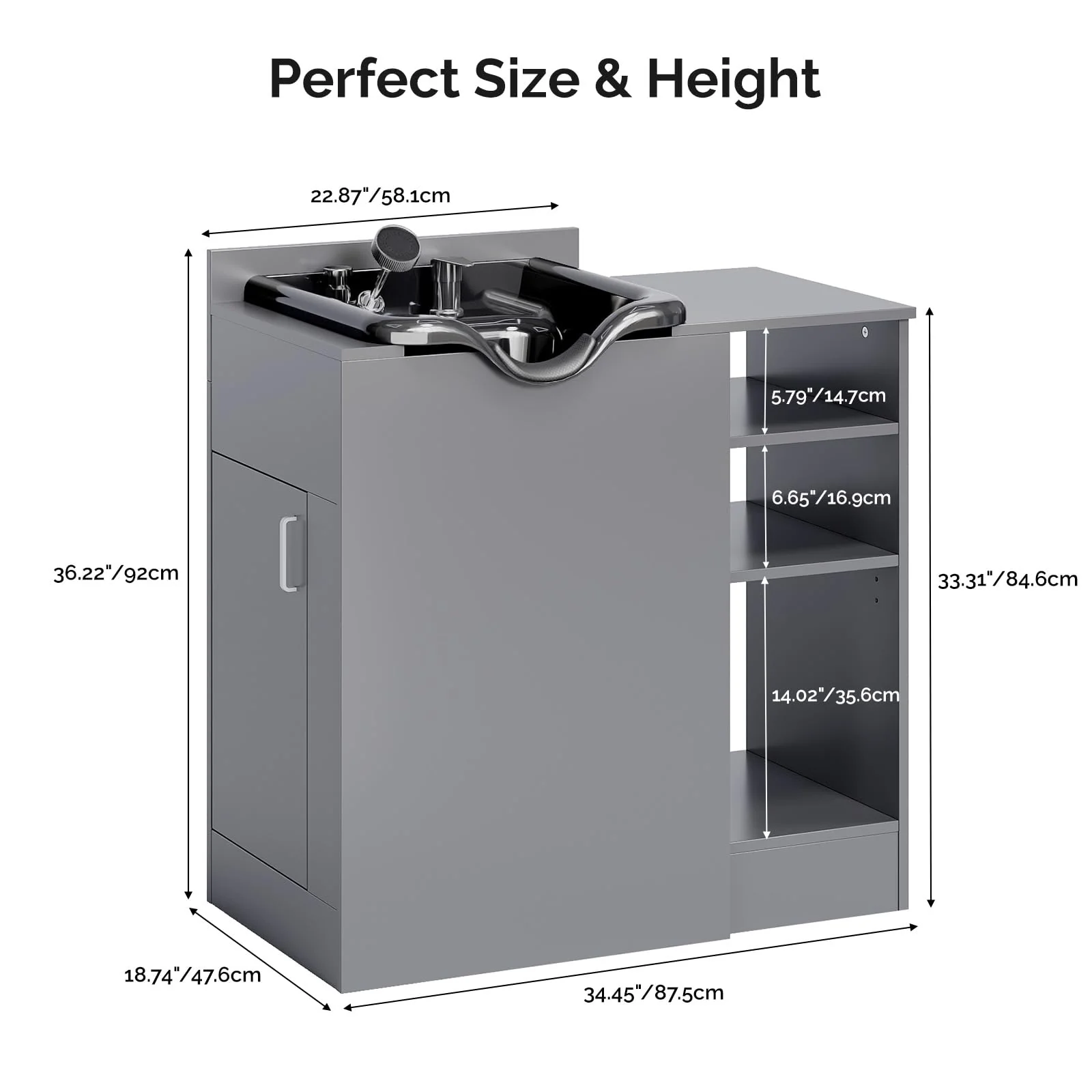 Omysalon HWCOC Salon Wet Cabinet Station with Shampoo Bowl & Adjustable Shelves & Sprayer Faucet - Image 14