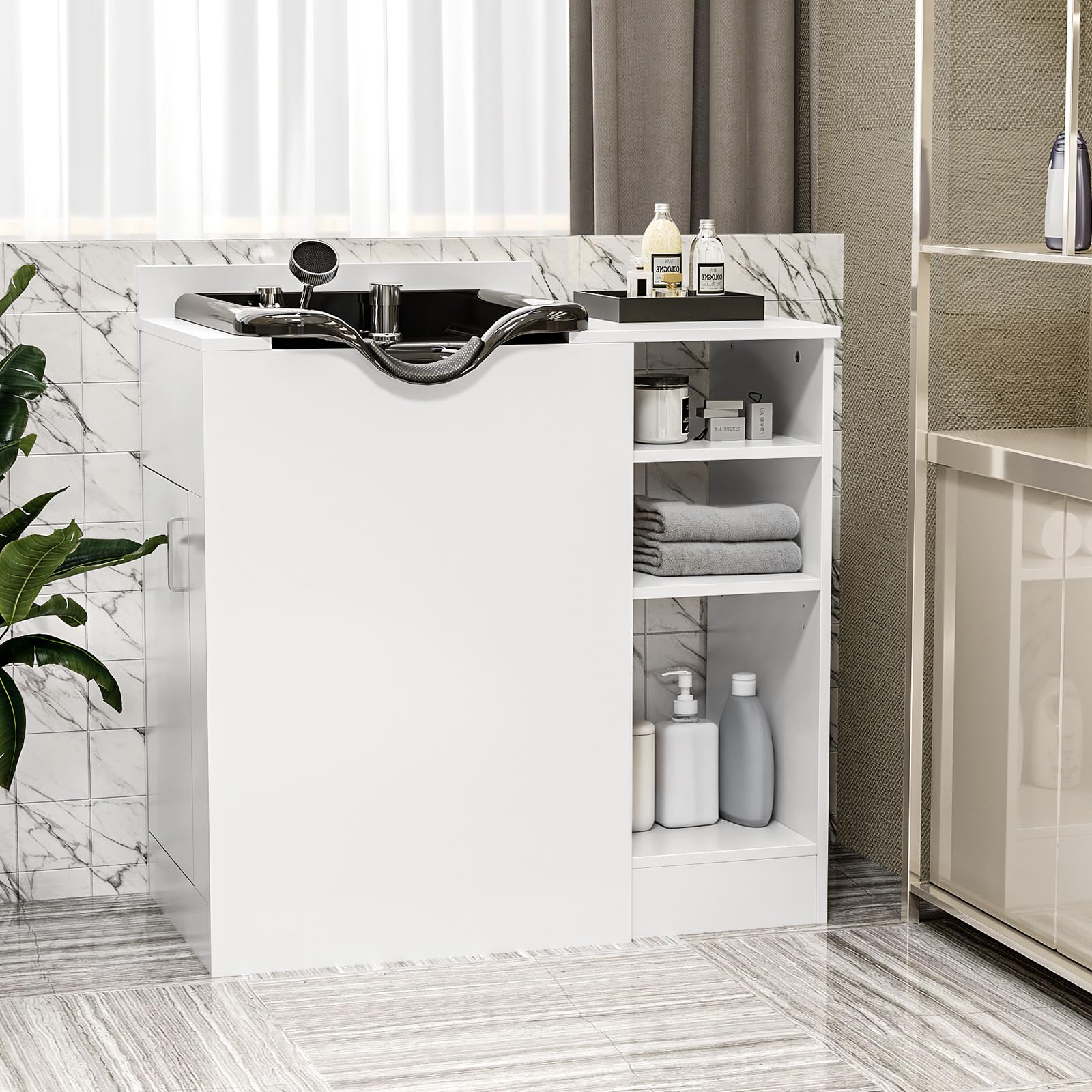 Omysalon HWCOC Salon Wet Cabinet Station with Shampoo Bowl & Adjustable Shelves & Sprayer Faucet - Image 17
