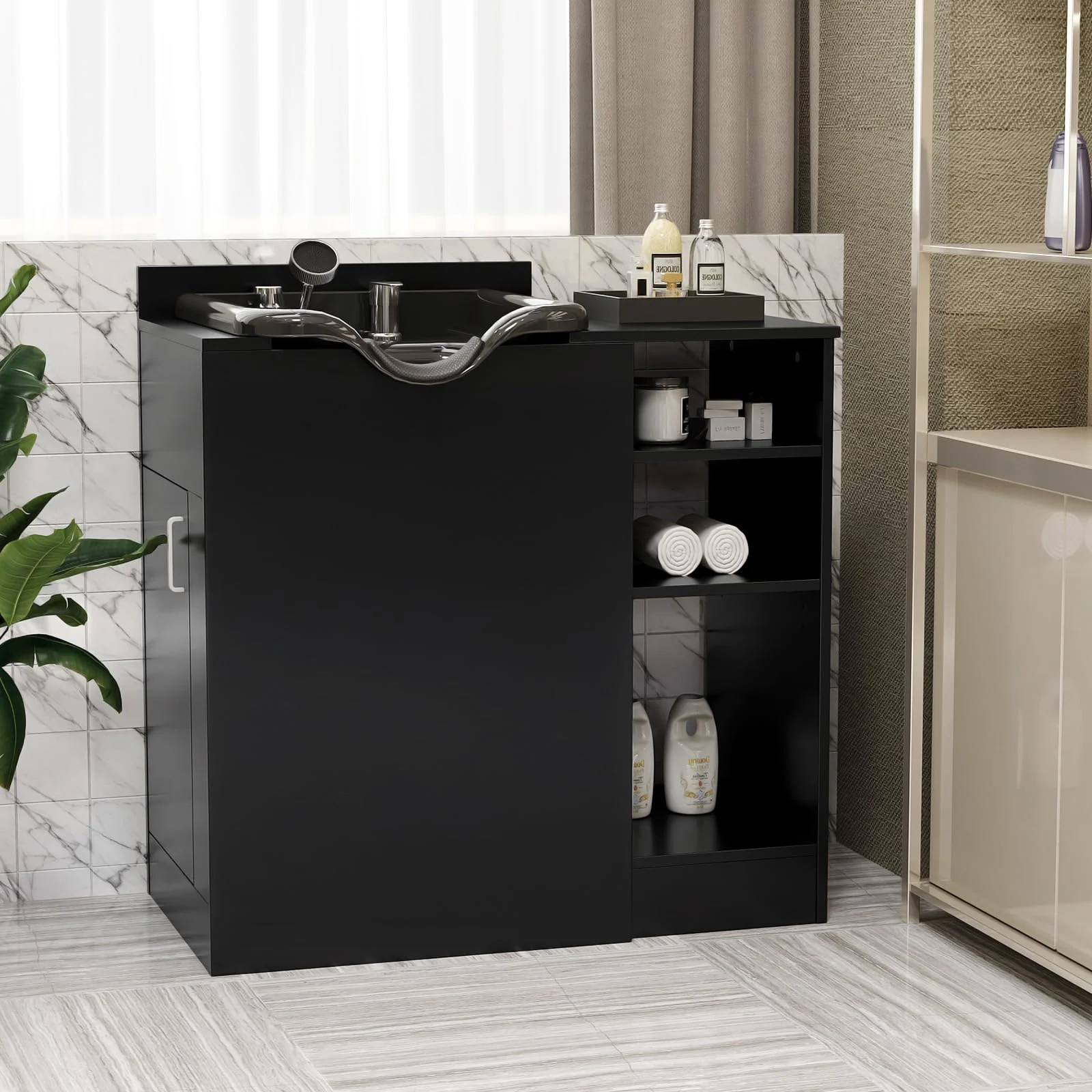 Omysalon HWCOC Salon Wet Cabinet Station with Shampoo Bowl & Adjustable Shelves & Sprayer Faucet - Image 2