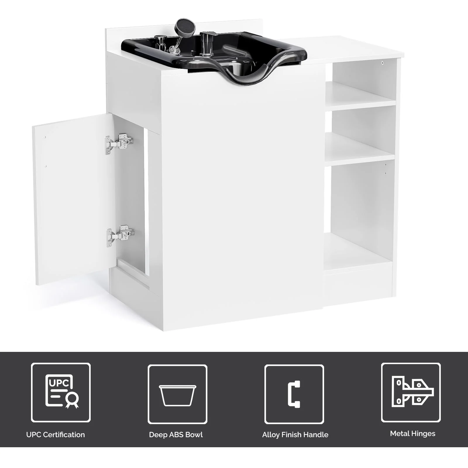 Omysalon HWCOC Salon Wet Cabinet Station with Shampoo Bowl & Adjustable Shelves & Sprayer Faucet - Image 20