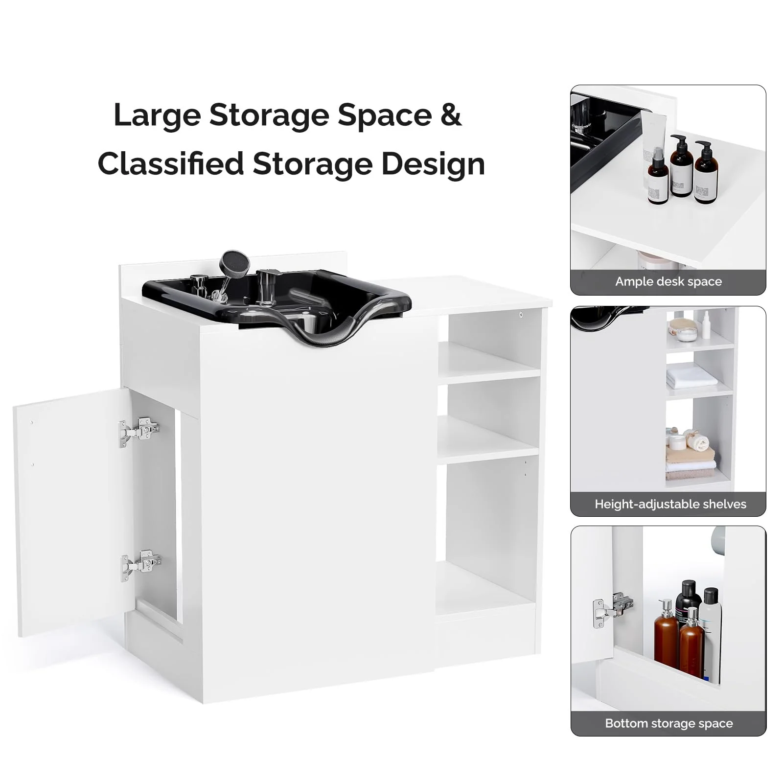Omysalon HWCOC Salon Wet Cabinet Station with Shampoo Bowl & Adjustable Shelves & Sprayer Faucet - Image 21
