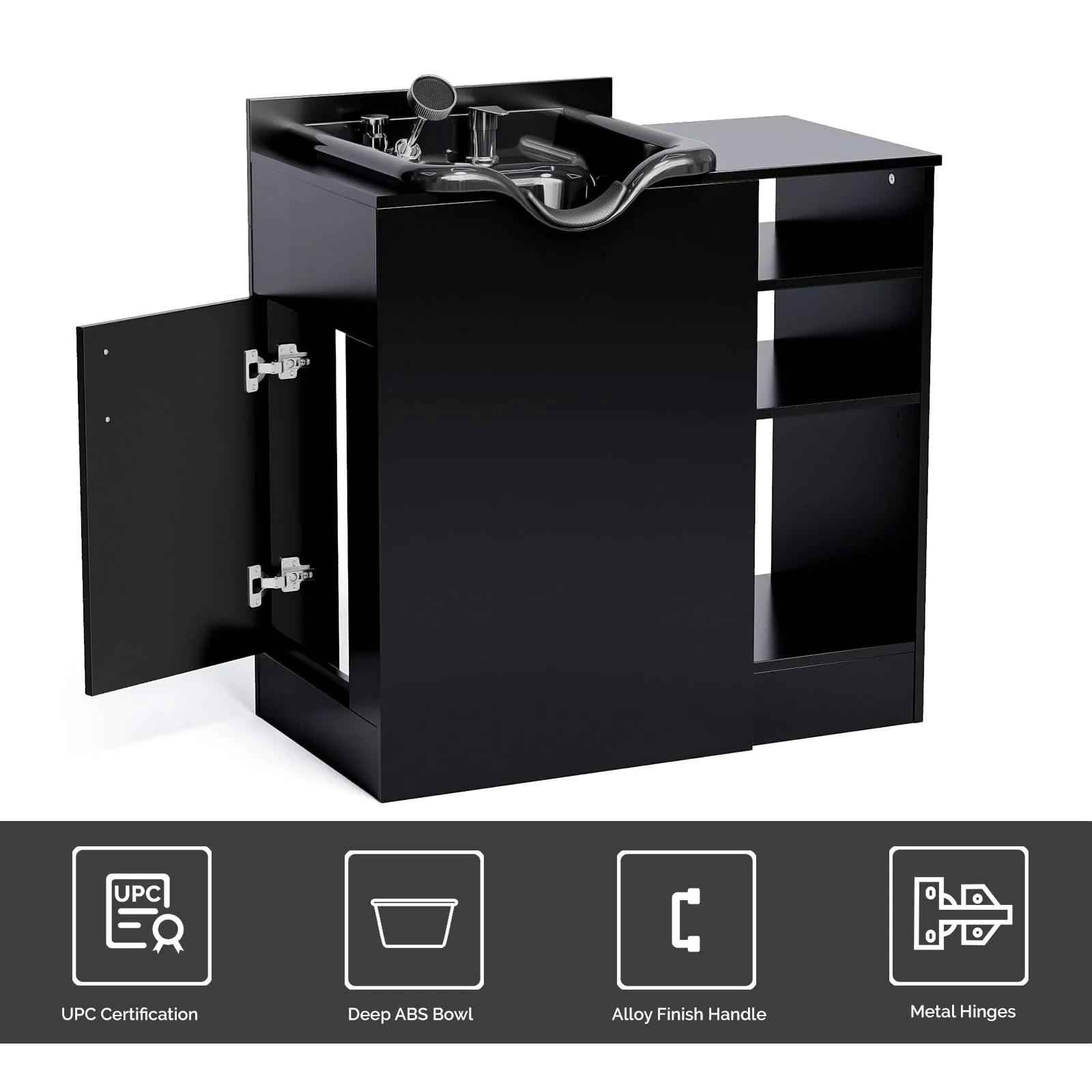 Omysalon HWCOC Salon Wet Cabinet Station with Shampoo Bowl & Adjustable Shelves & Sprayer Faucet - Image 5