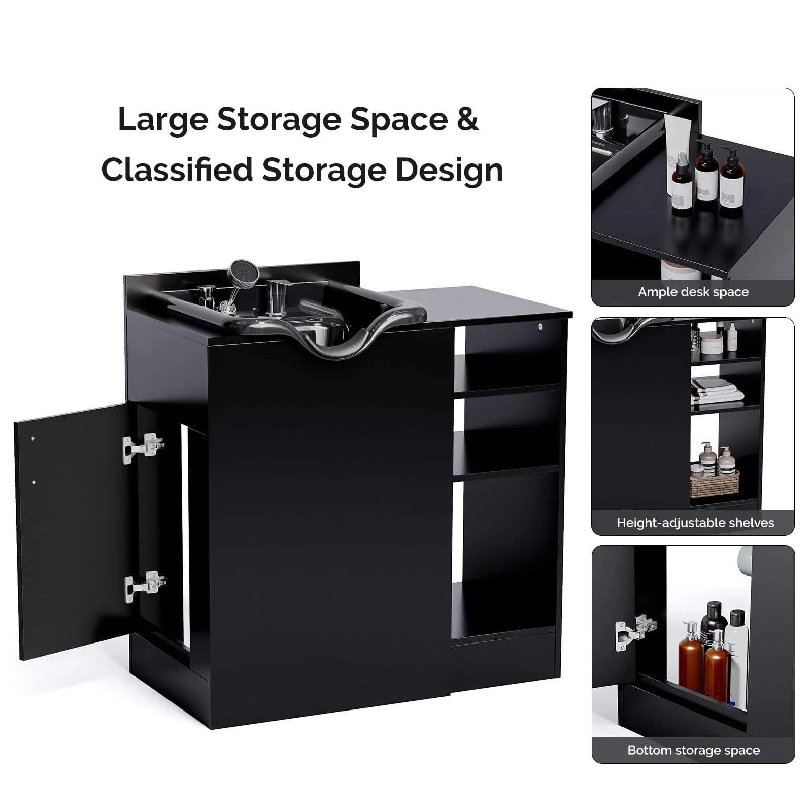Omysalon HWCOC Salon Wet Cabinet Station with Shampoo Bowl & Adjustable Shelves & Sprayer Faucet - Image 6