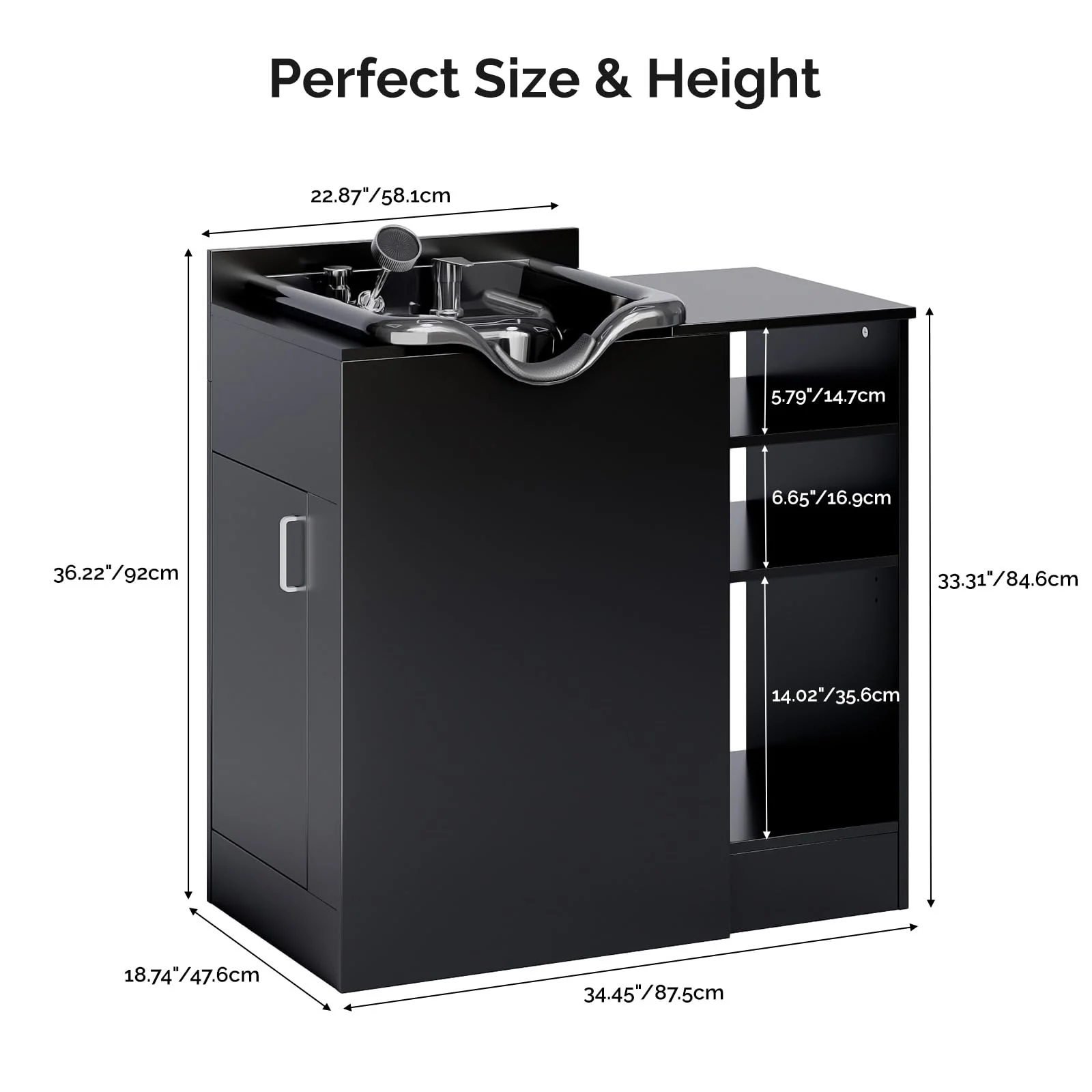 Omysalon HWCOC Salon Wet Cabinet Station with Shampoo Bowl & Adjustable Shelves & Sprayer Faucet - Image 7