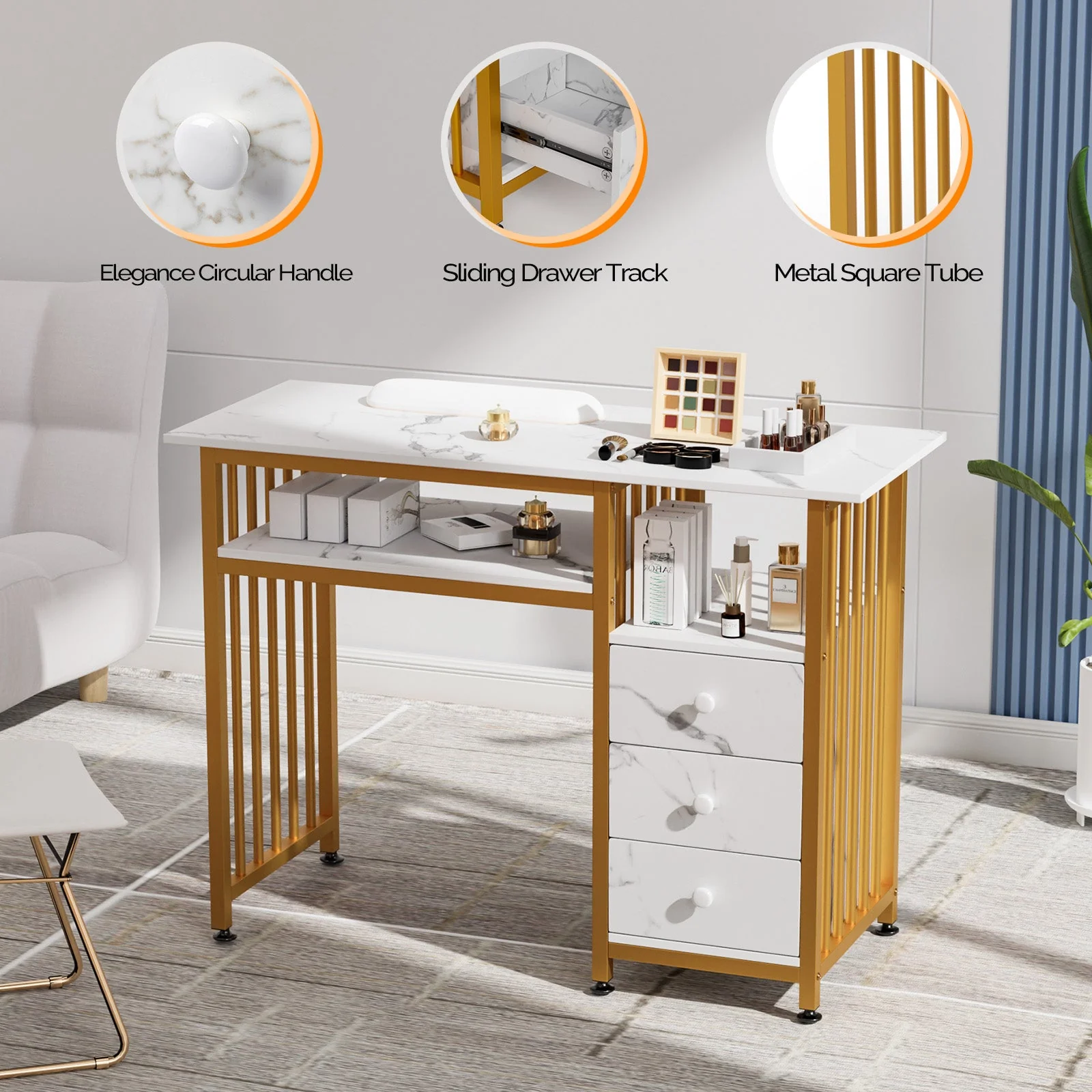 OmySalon Manicure Table w/Wrist Rest & 2-Tier Desktop - Image 3