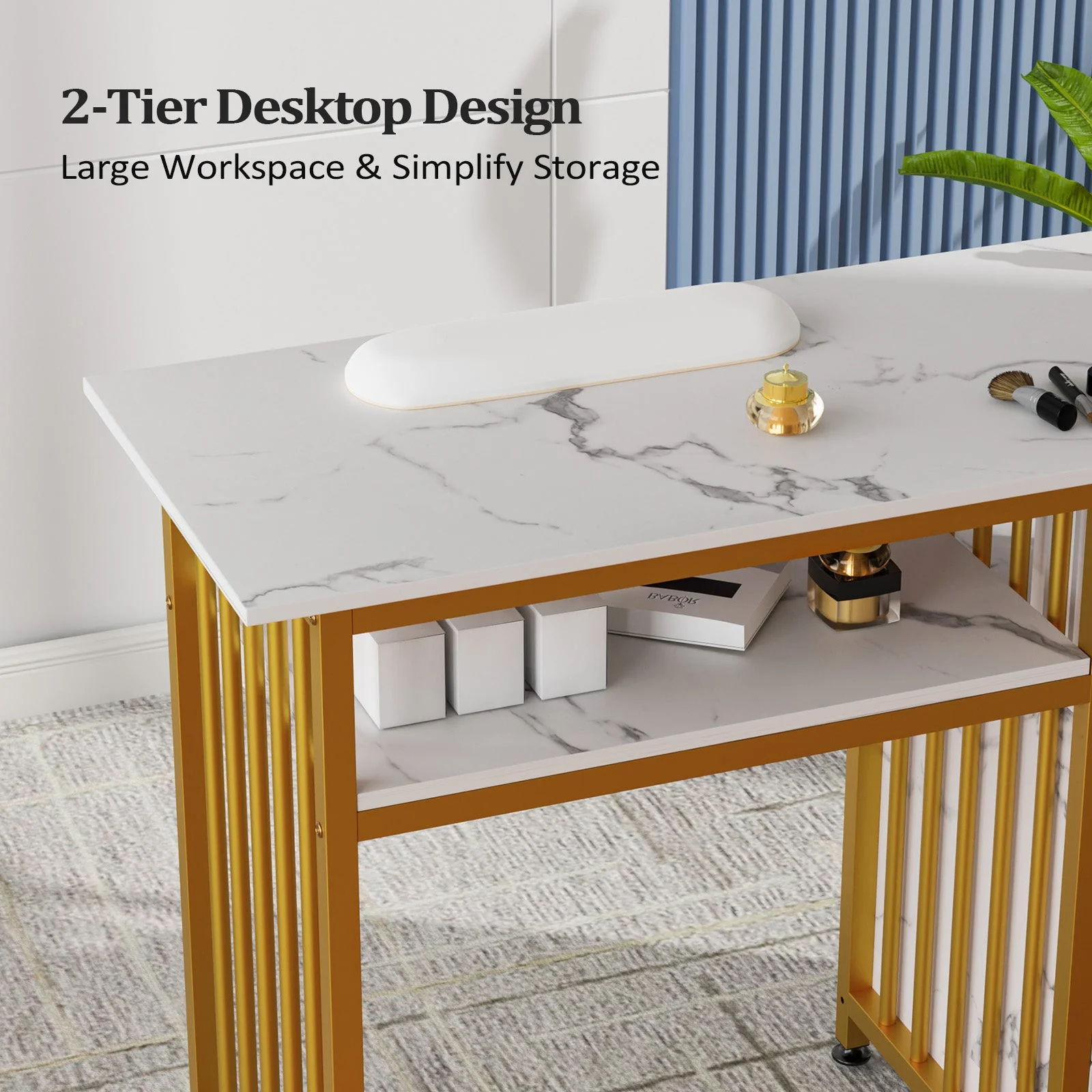 OmySalon Manicure Table w/Wrist Rest & 2-Tier Desktop - Image 4
