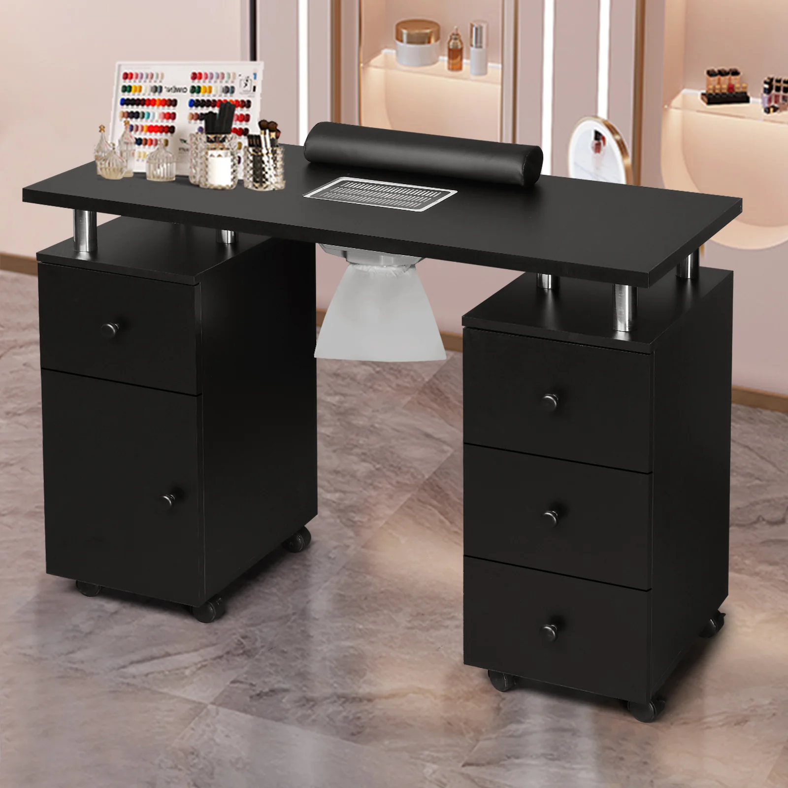 Omysalon MT-DC Nail Manicure Table w/Electric Dust Collector & Wrist Rest & 2 Open Spaces 1 Side Cabinet 4 Drawers - Image 11