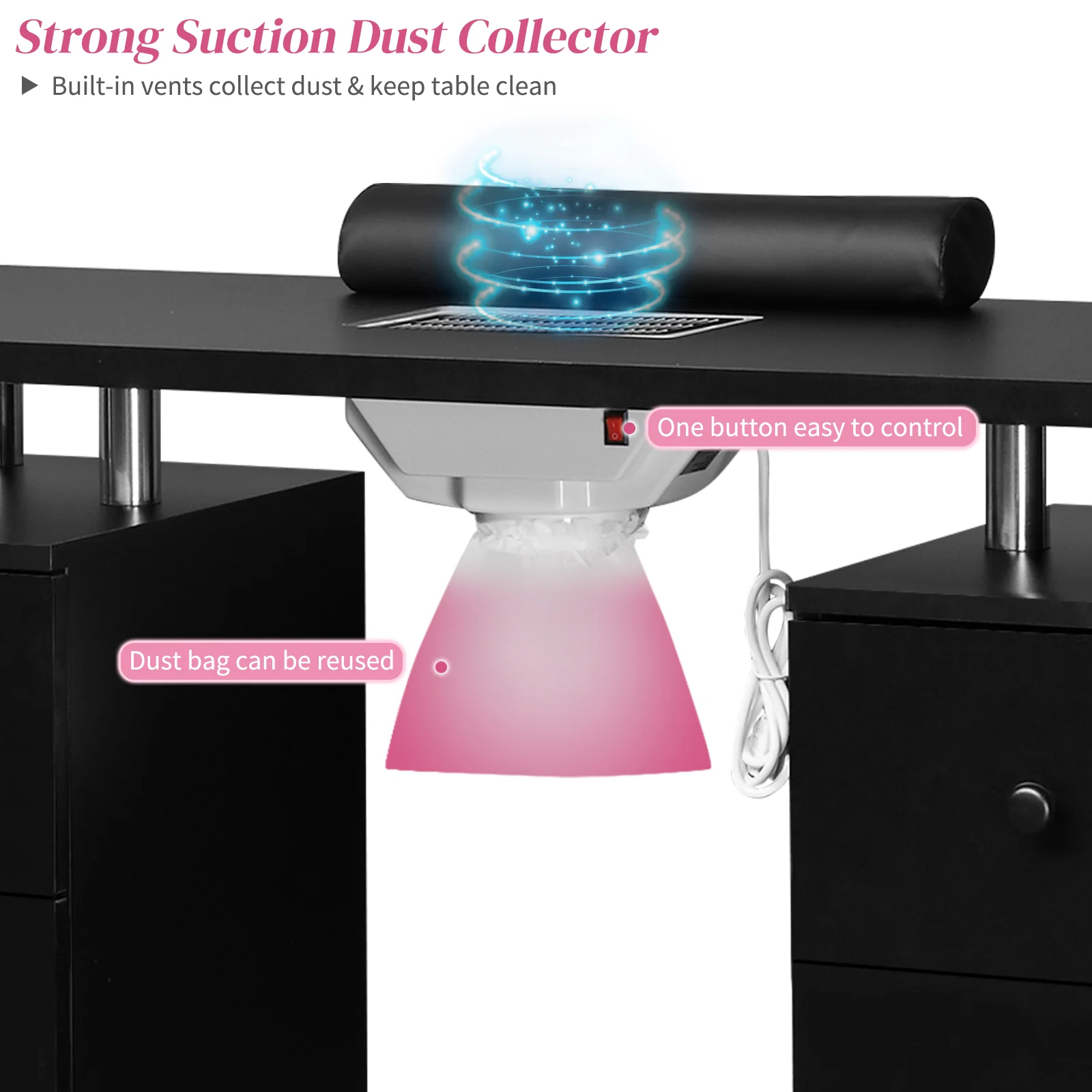 Omysalon MT-DC Nail Manicure Table w/Electric Dust Collector & Wrist Rest & 2 Open Spaces 1 Side Cabinet 4 Drawers - Image 12