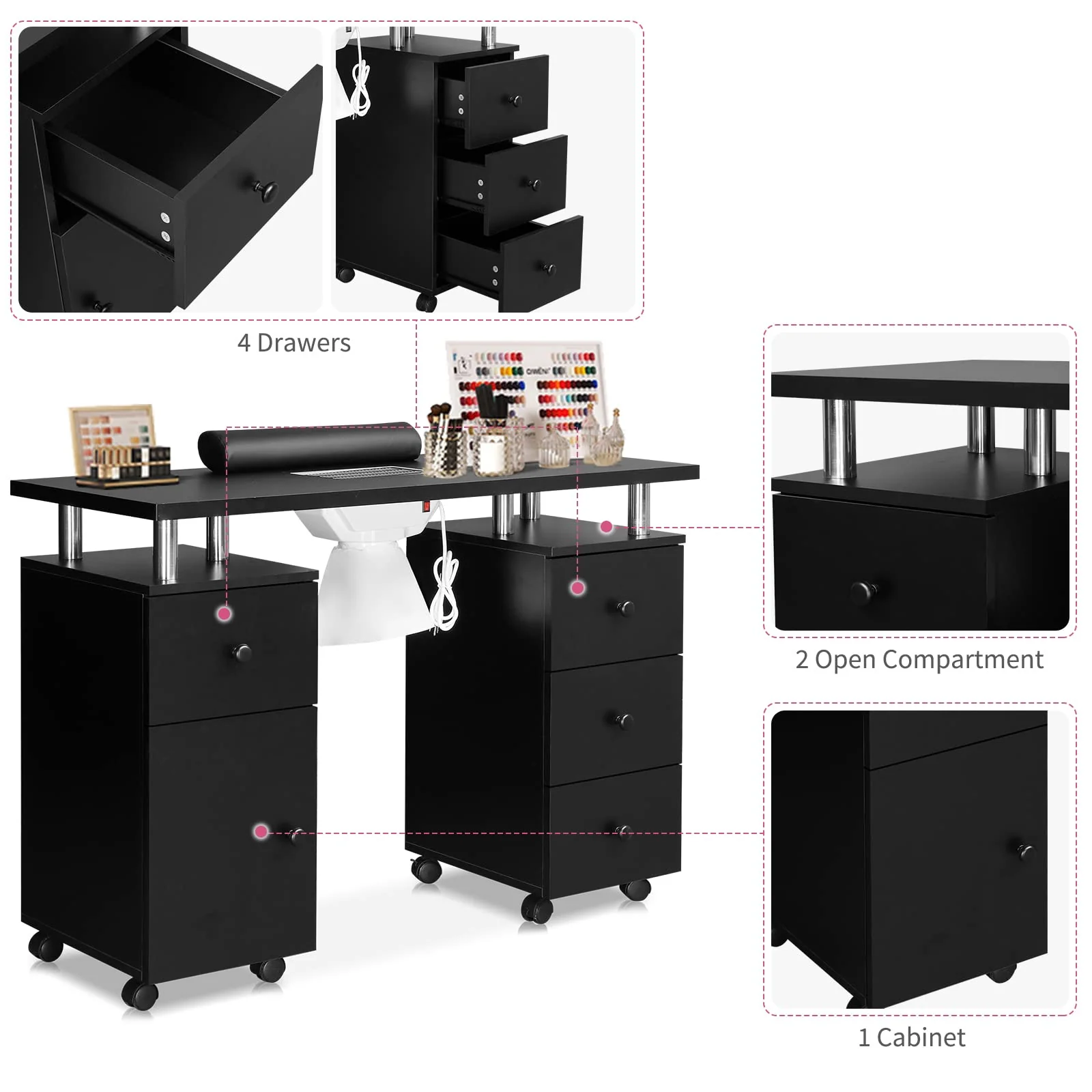Omysalon MT-DC Nail Manicure Table w/Electric Dust Collector & Wrist Rest & 2 Open Spaces 1 Side Cabinet 4 Drawers - Image 14