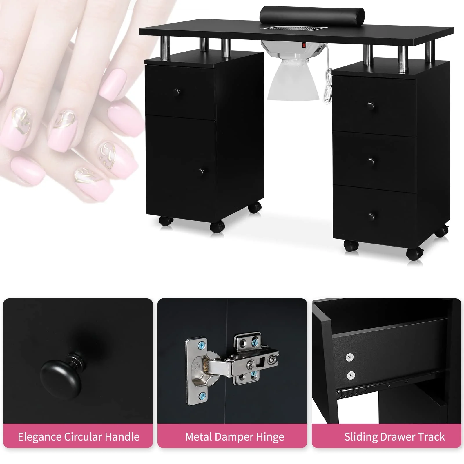 Omysalon MT-DC Nail Manicure Table w/Electric Dust Collector & Wrist Rest & 2 Open Spaces 1 Side Cabinet 4 Drawers - Image 15