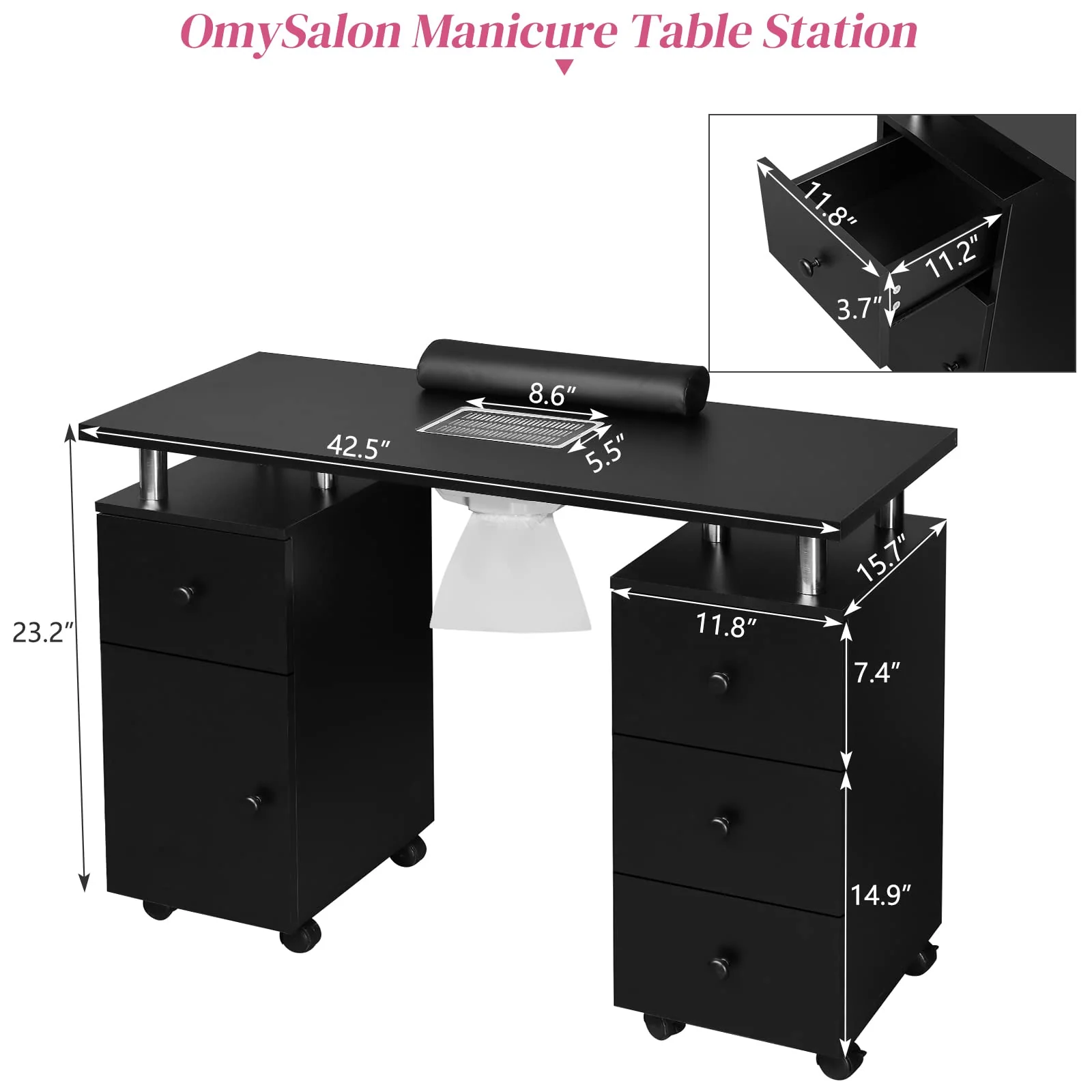 Omysalon MT-DC Nail Manicure Table w/Electric Dust Collector & Wrist Rest & 2 Open Spaces 1 Side Cabinet 4 Drawers - Image 18