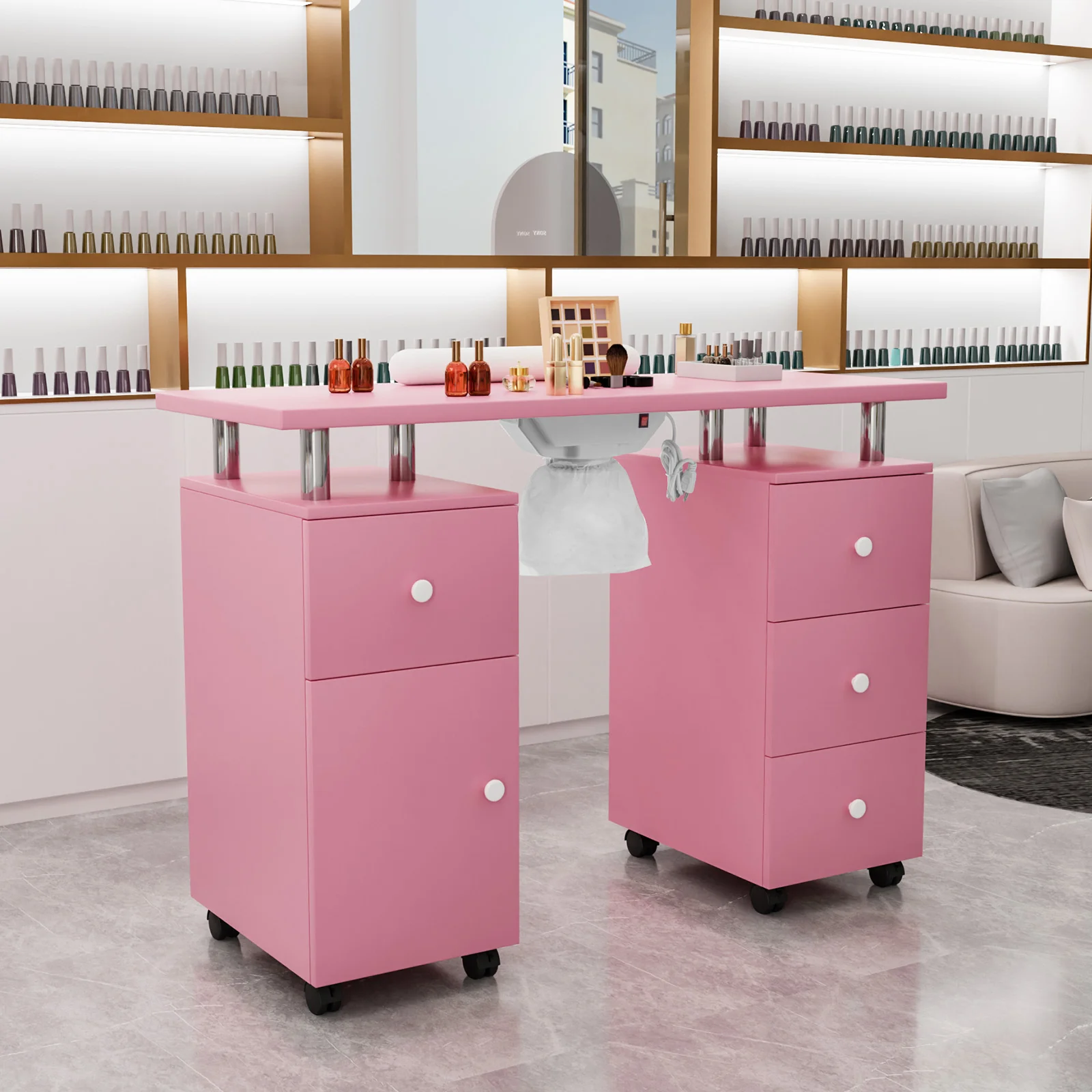 Omysalon MT-DC Nail Manicure Table w/Electric Dust Collector & Wrist Rest & 2 Open Spaces 1 Side Cabinet 4 Drawers - Image 20